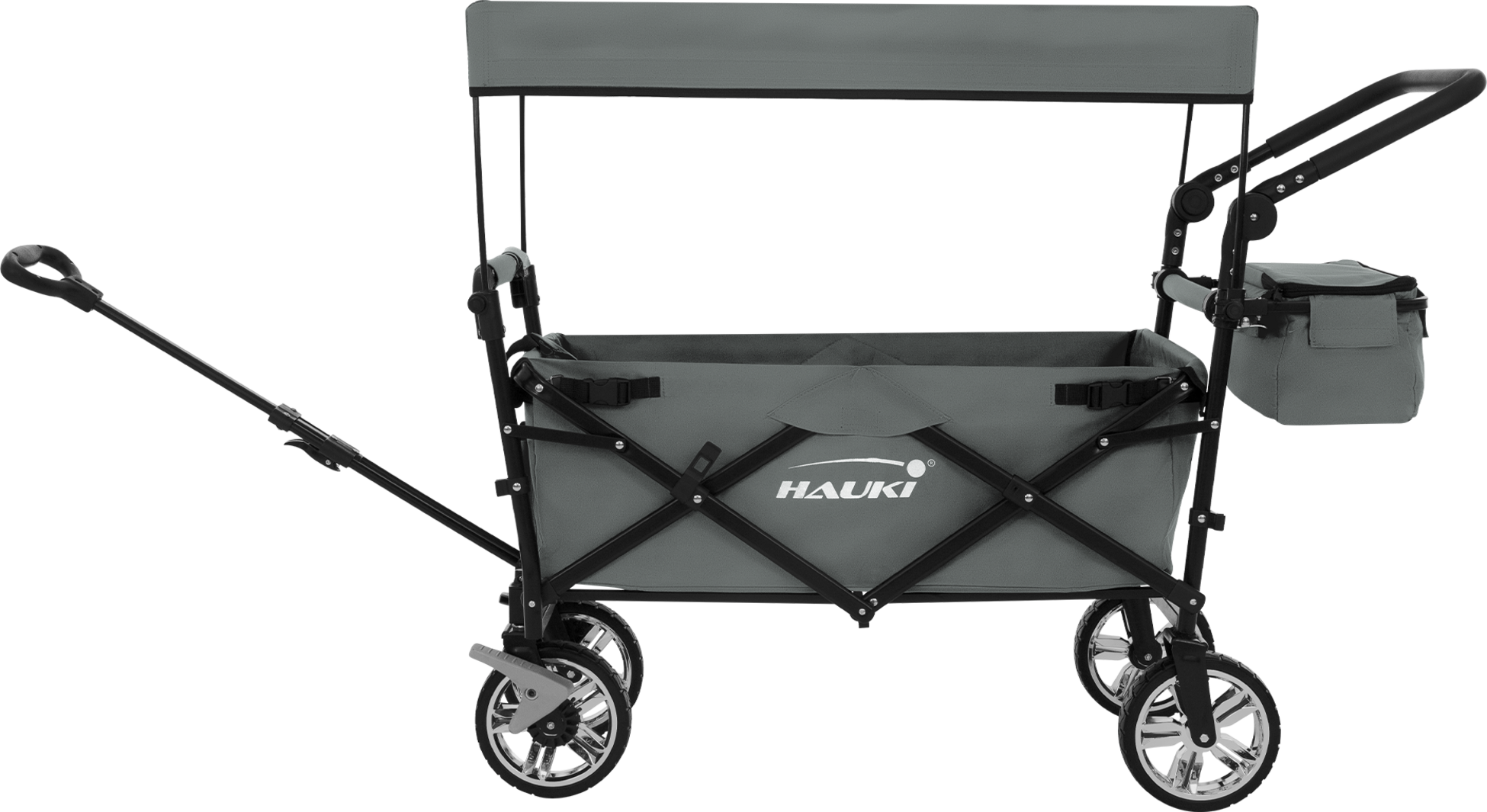 HAUKI, Hauki Folding Wagon With Canopy, XXL Grey Sit In Camping and Beach Kids Cart with 2 Mesh Pockets