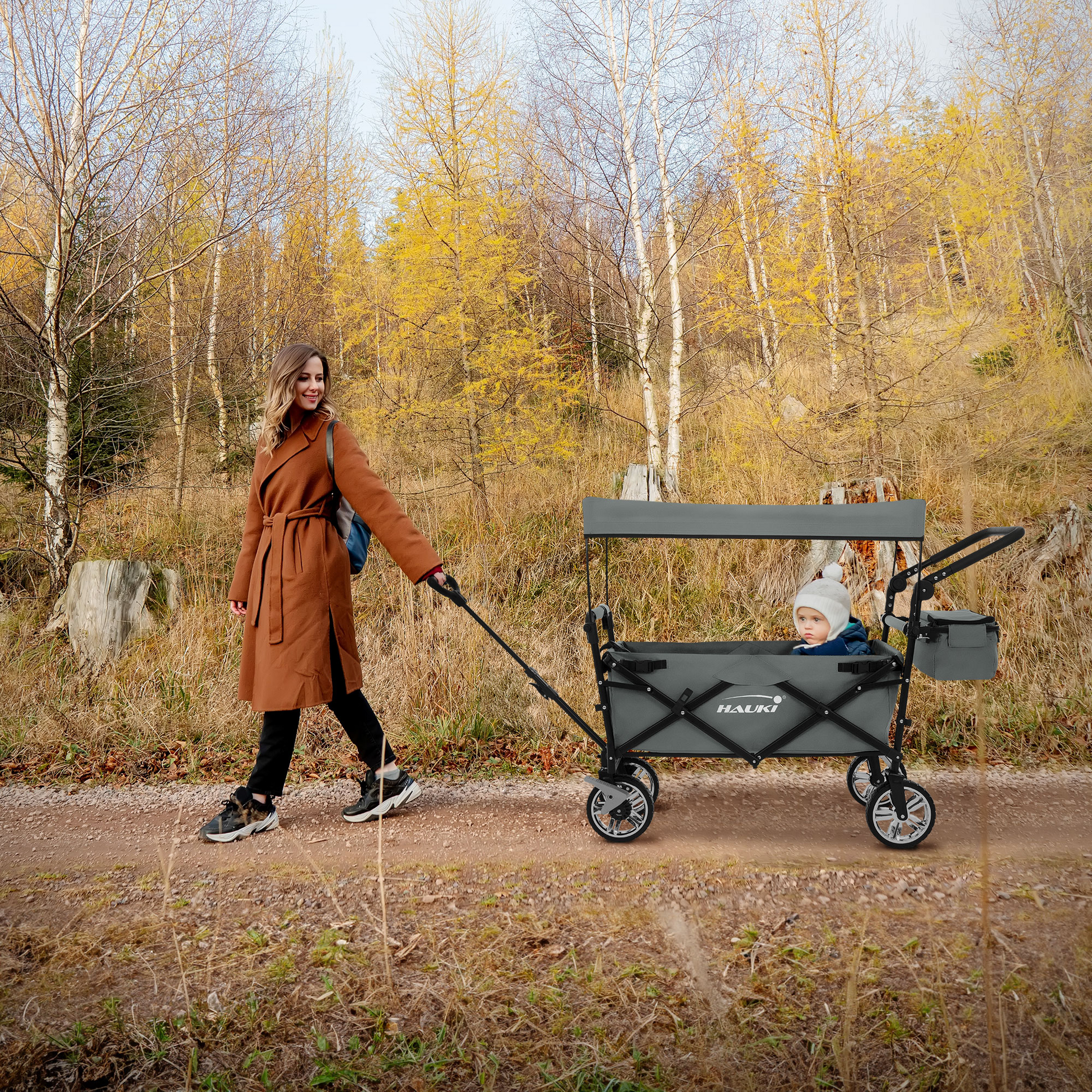 HAUKI, Hauki Folding Wagon With Canopy, XXL Grey Sit In Camping and Beach Kids Cart with 2 Mesh Pockets