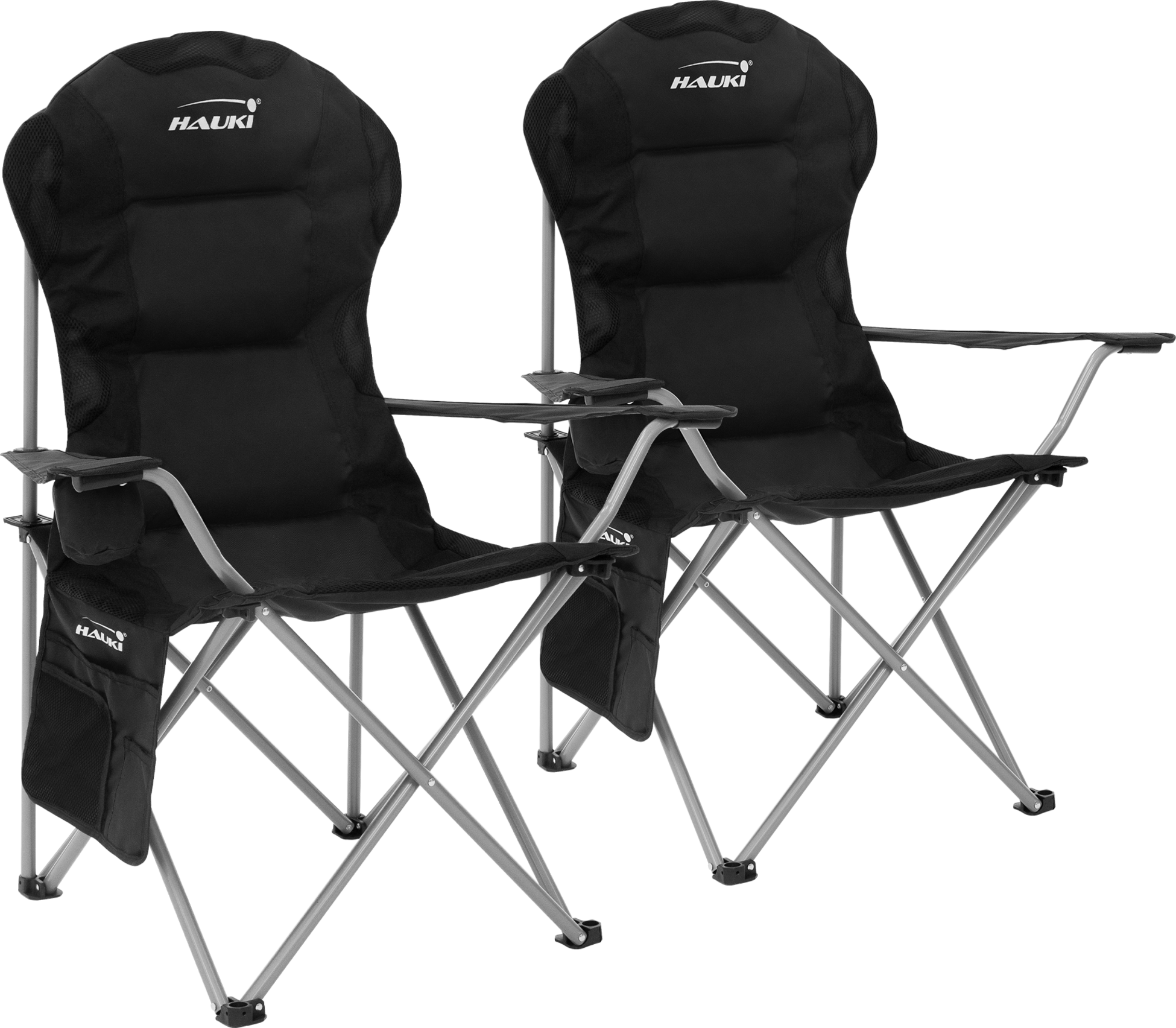 HAUKI, Hauki Set Of 2 Foldable Camping Chairs, Black Padded High-back Outdoor Seats With Cup Holders