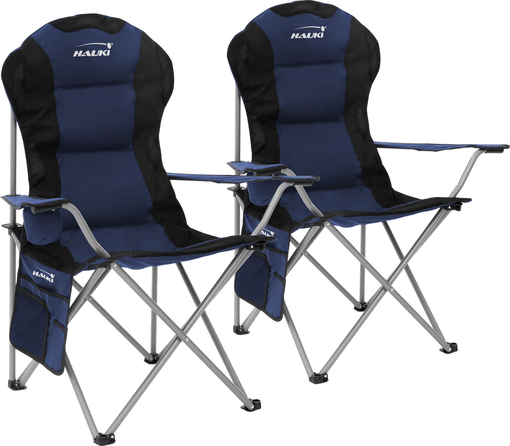 HAUKI, Hauki Set Of 2 Foldable Camping Chairs, Blue Padded High-back Outdoor Seats With Cup Holders