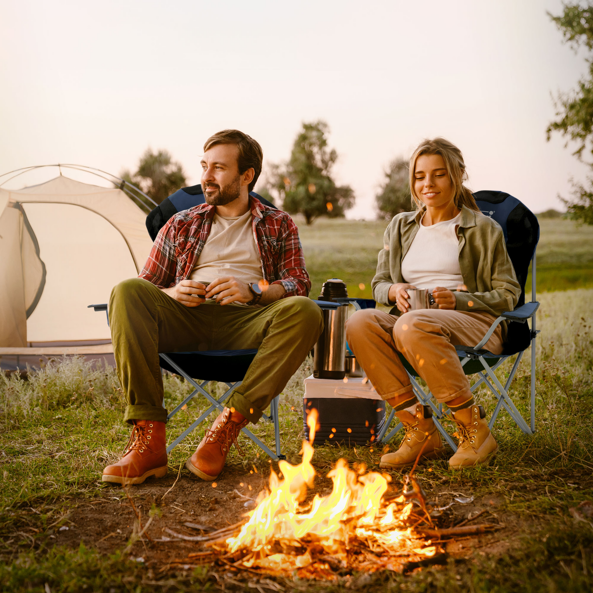 HAUKI, Hauki Set Of 2 Foldable Camping Chairs, Blue Padded High-back Outdoor Seats With Cup Holders