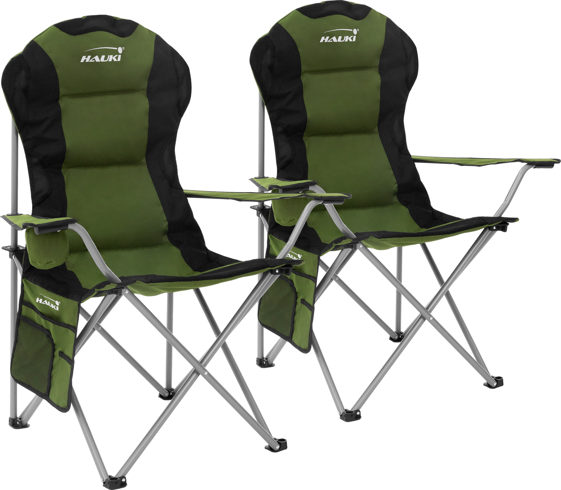 HAUKI, Hauki Set Of 2 Foldable Camping Chairs, Khaki Padded High-back Outdoor Seats With Cup Holders