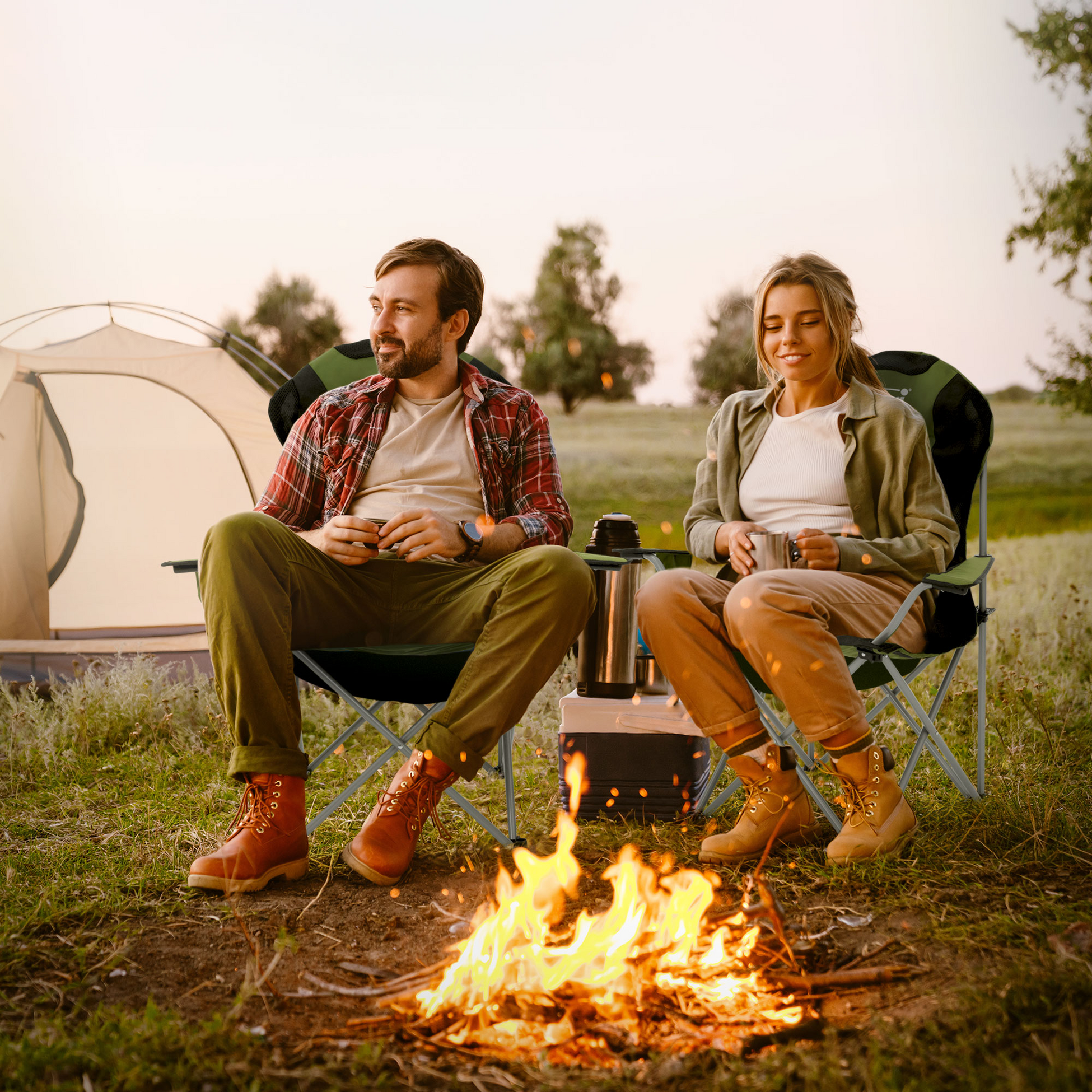 HAUKI, Hauki Set Of 2 Foldable Camping Chairs, Khaki Padded High-back Outdoor Seats With Cup Holders