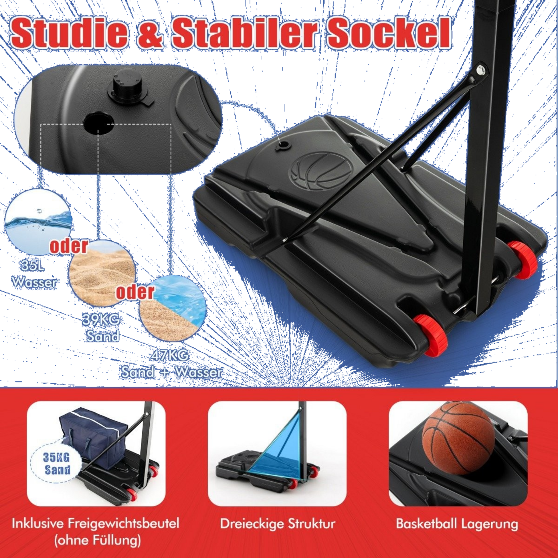 NORTHIX, Height-adjustable Basketball Stand Basketball Hoop With Stand  2 Wheels 105-260 Cm Black