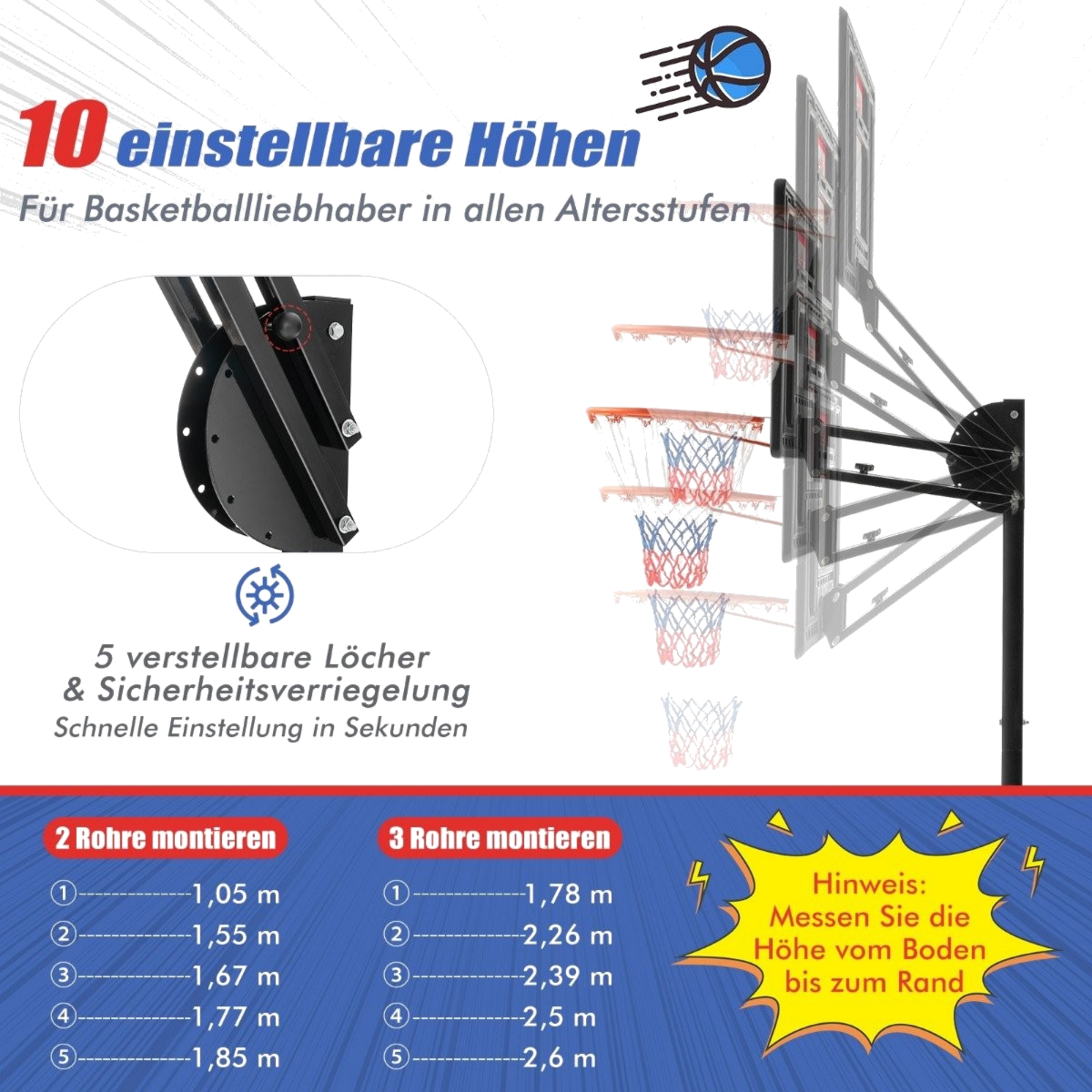 NORTHIX, Height-adjustable Basketball Stand Basketball Hoop With Stand  2 Wheels 105-260 Cm Black