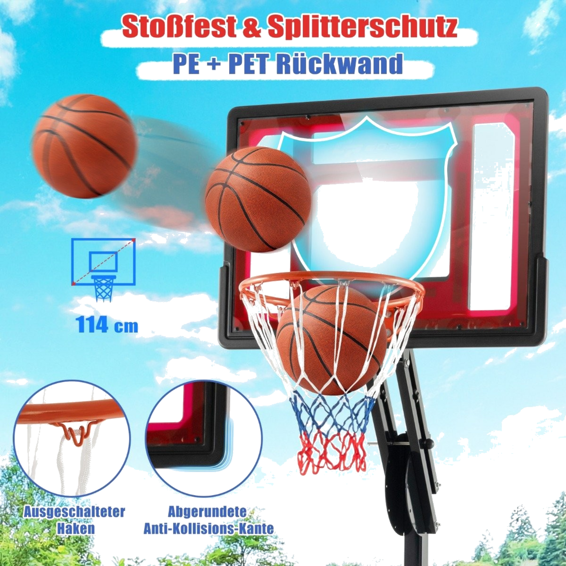 NORTHIX, Height-adjustable Basketball Stand Basketball Hoop With Stand  2 Wheels 105-260 Cm Black