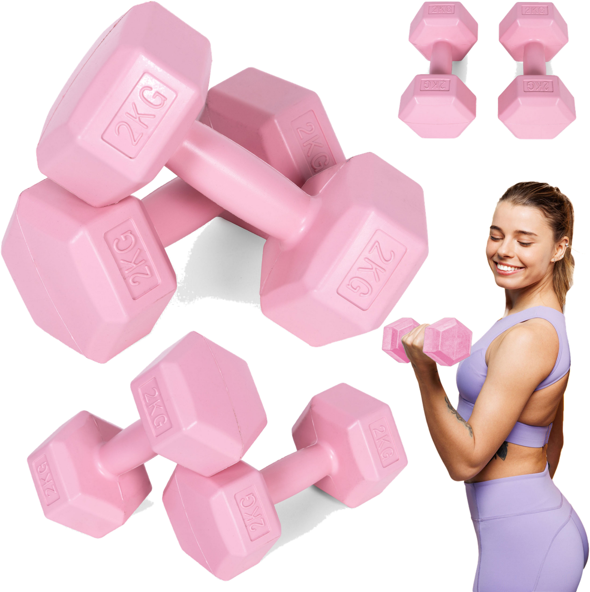 B2X, Hex Dumbbells Set 2x2 Kg, Exercise Weights, Fitness Load, Pink, Modernhome