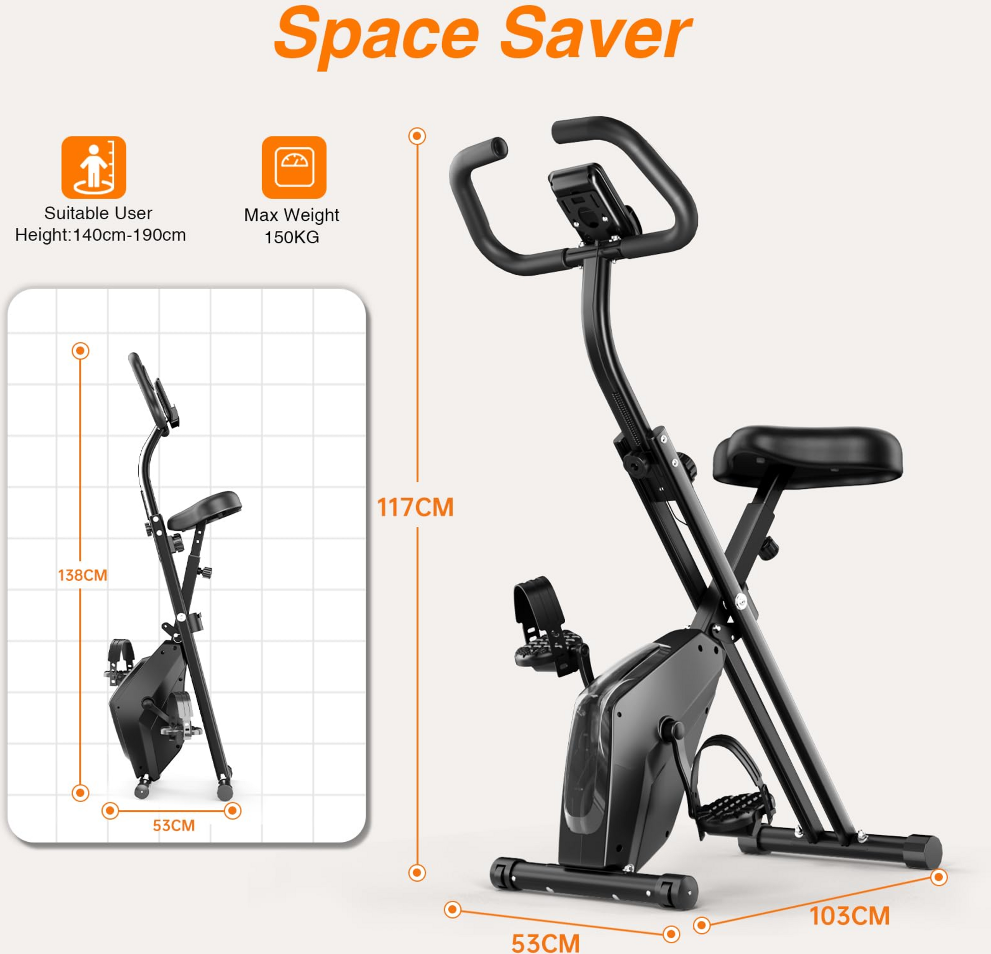 HOMEFITNESSCODE, Hopfällbar Motionscykel Med Magnetmotstånd , Lcd-skärm – Hemmaträning