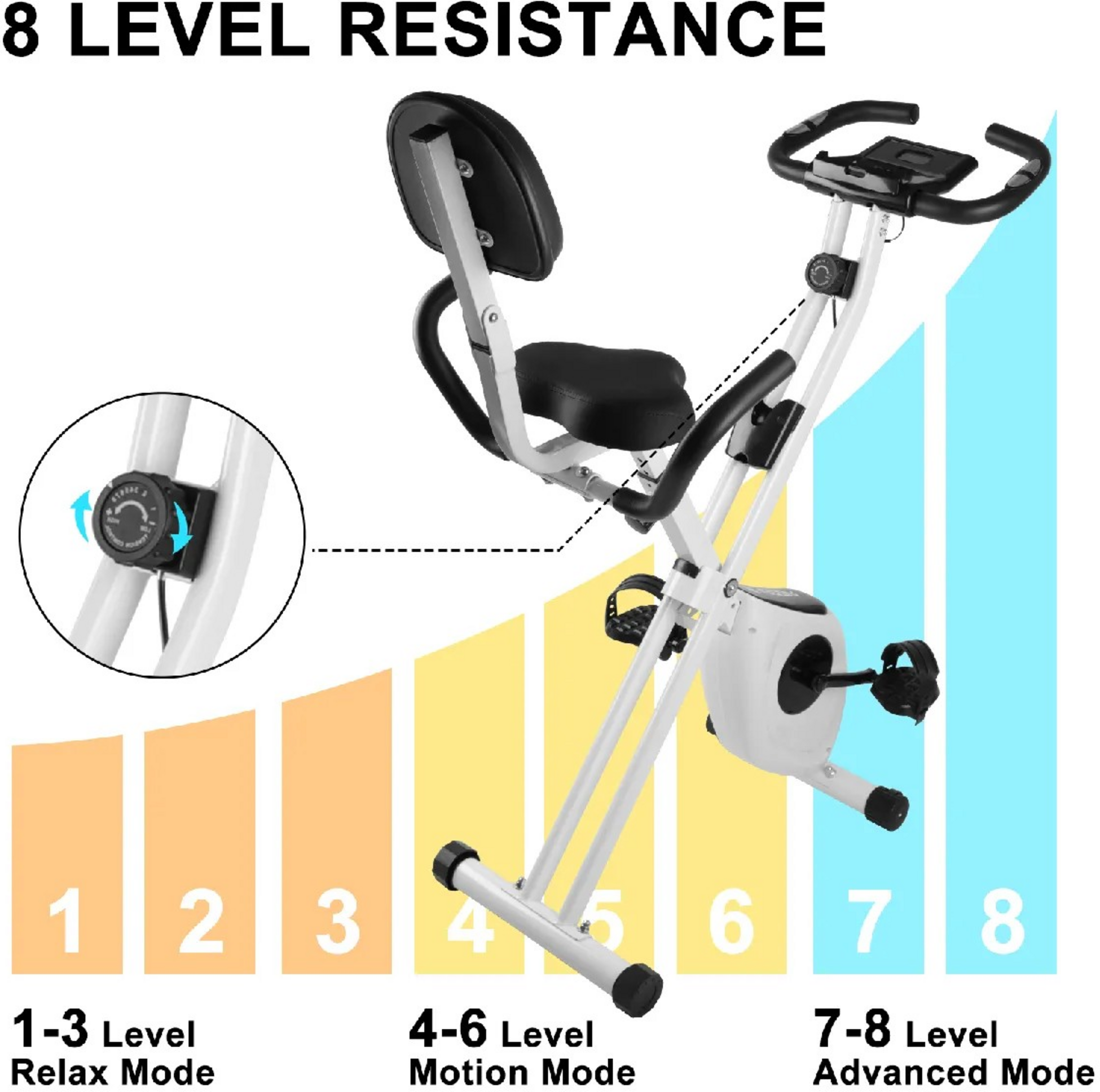 HOMEFITNESSCODE, Hopfällbar Motionscykel Med Ryggstöd, Lcd-skärm Och 8 Motstånd