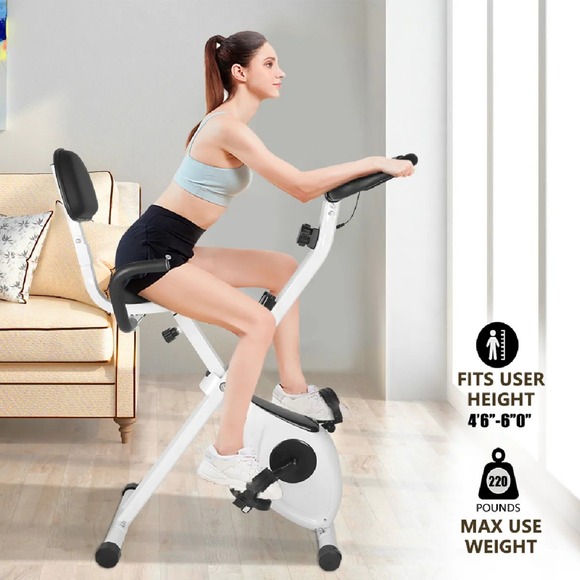 HOMEFITNESSCODE, Hopfällbar Motionscykel Med Ryggstöd, Lcd-skärm Och 8 Motstånd