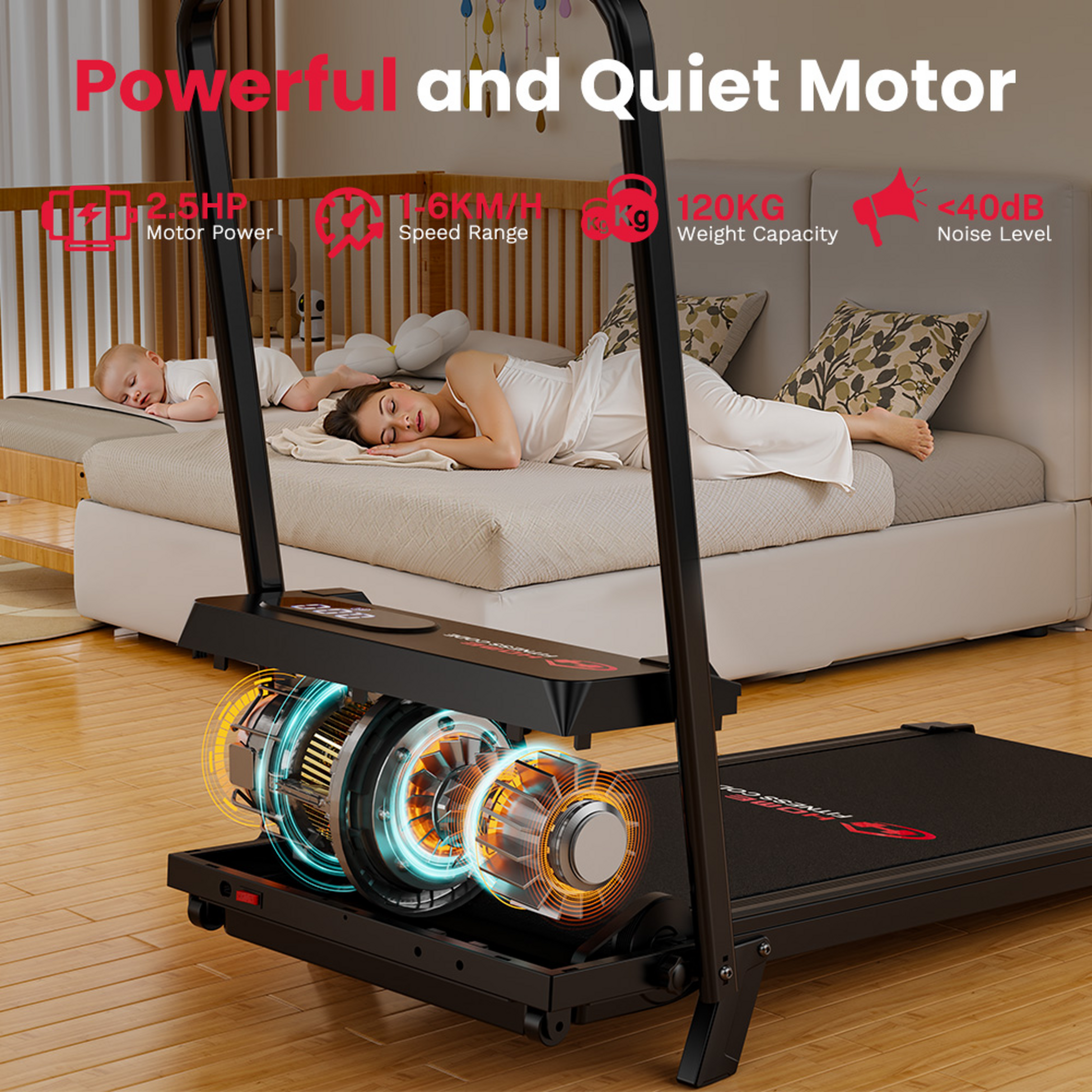 HOMEFITNESSCODE, Hopfällbart löpband, 5 % manuell lutning, 1–6 km/h