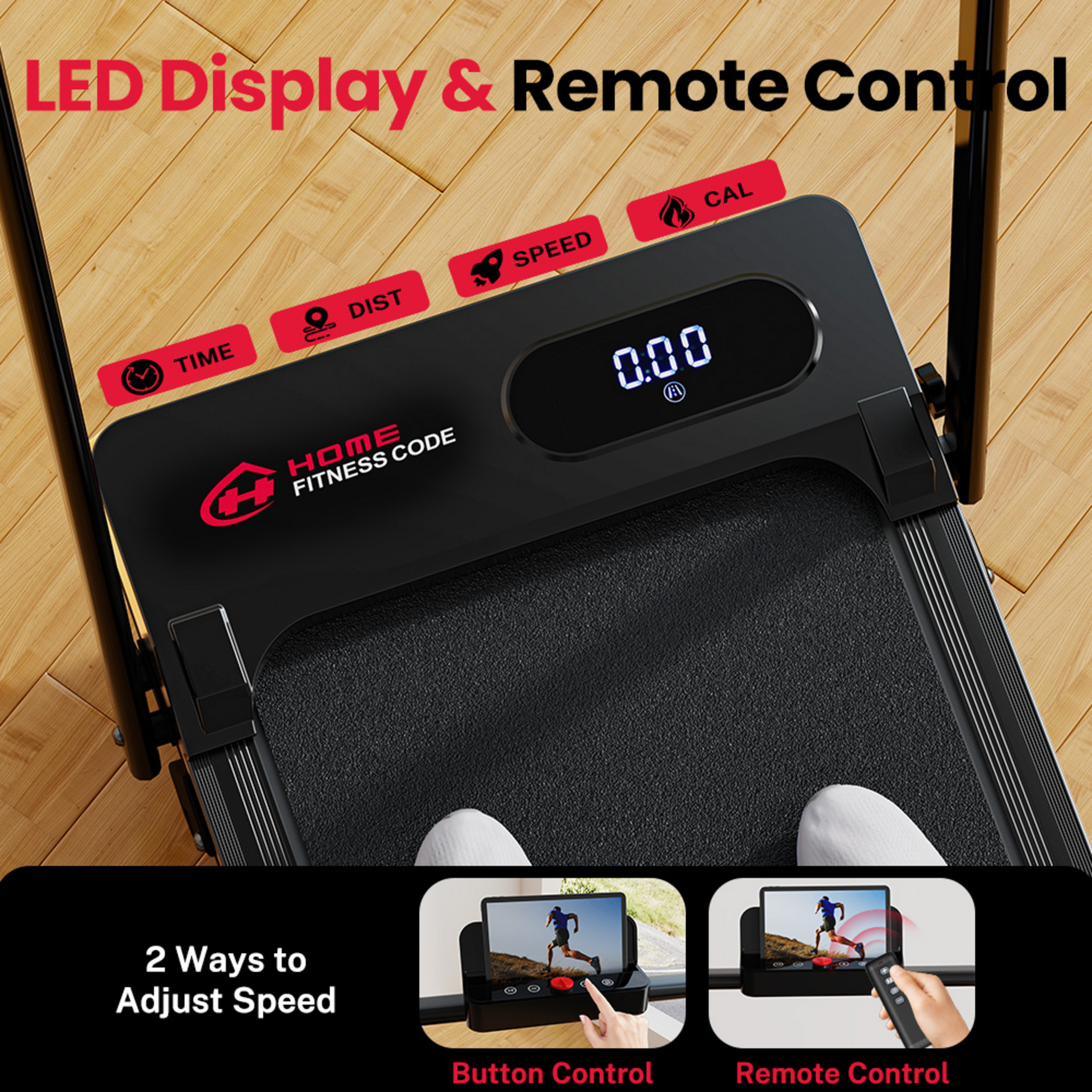 HOMEFITNESSCODE, Hopfällbart löpband, 5 % manuell lutning, 1–6 km/h