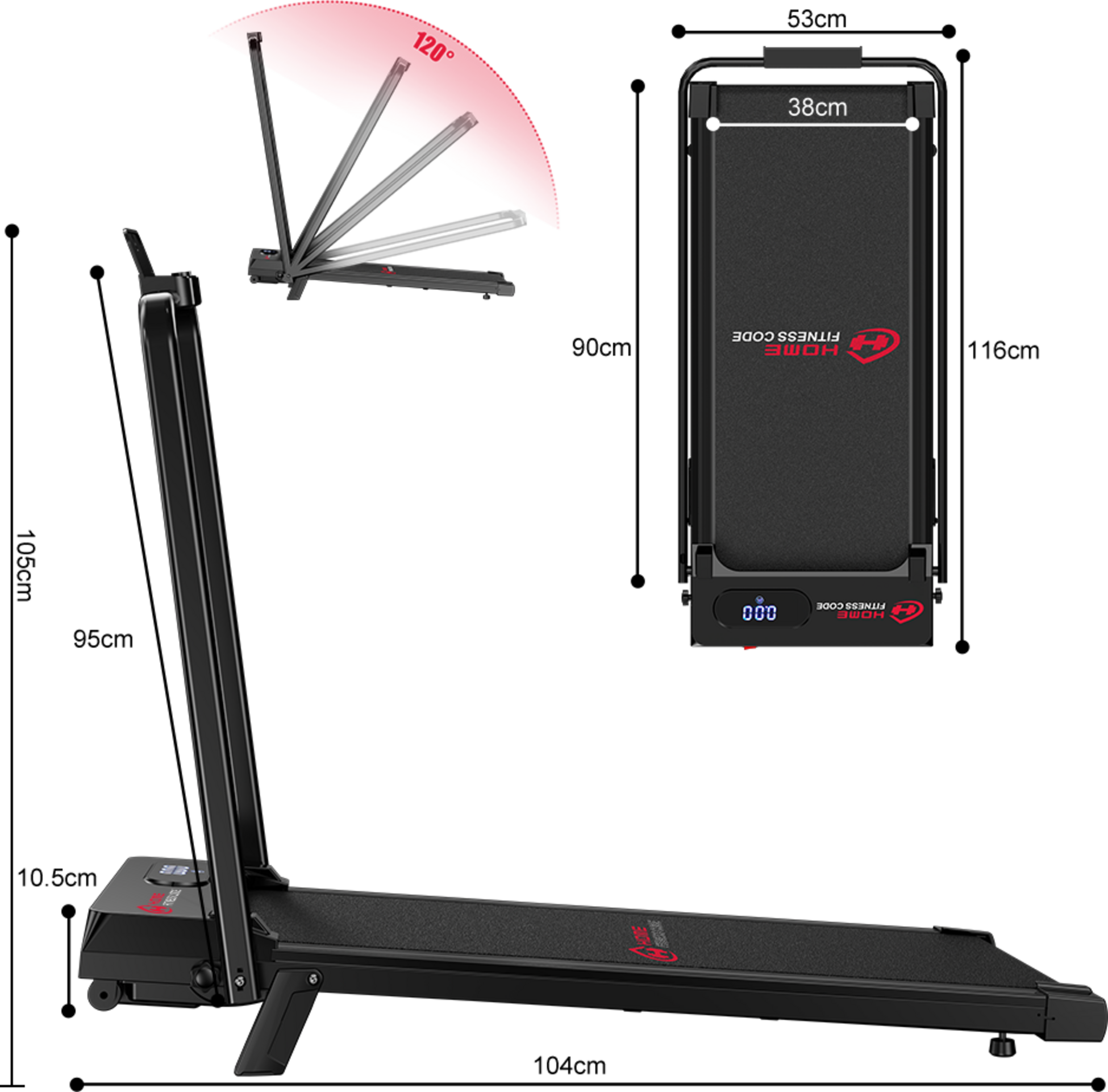 HOMEFITNESSCODE, Hopfällbart löpband, 5 % manuell lutning, 1–6 km/h