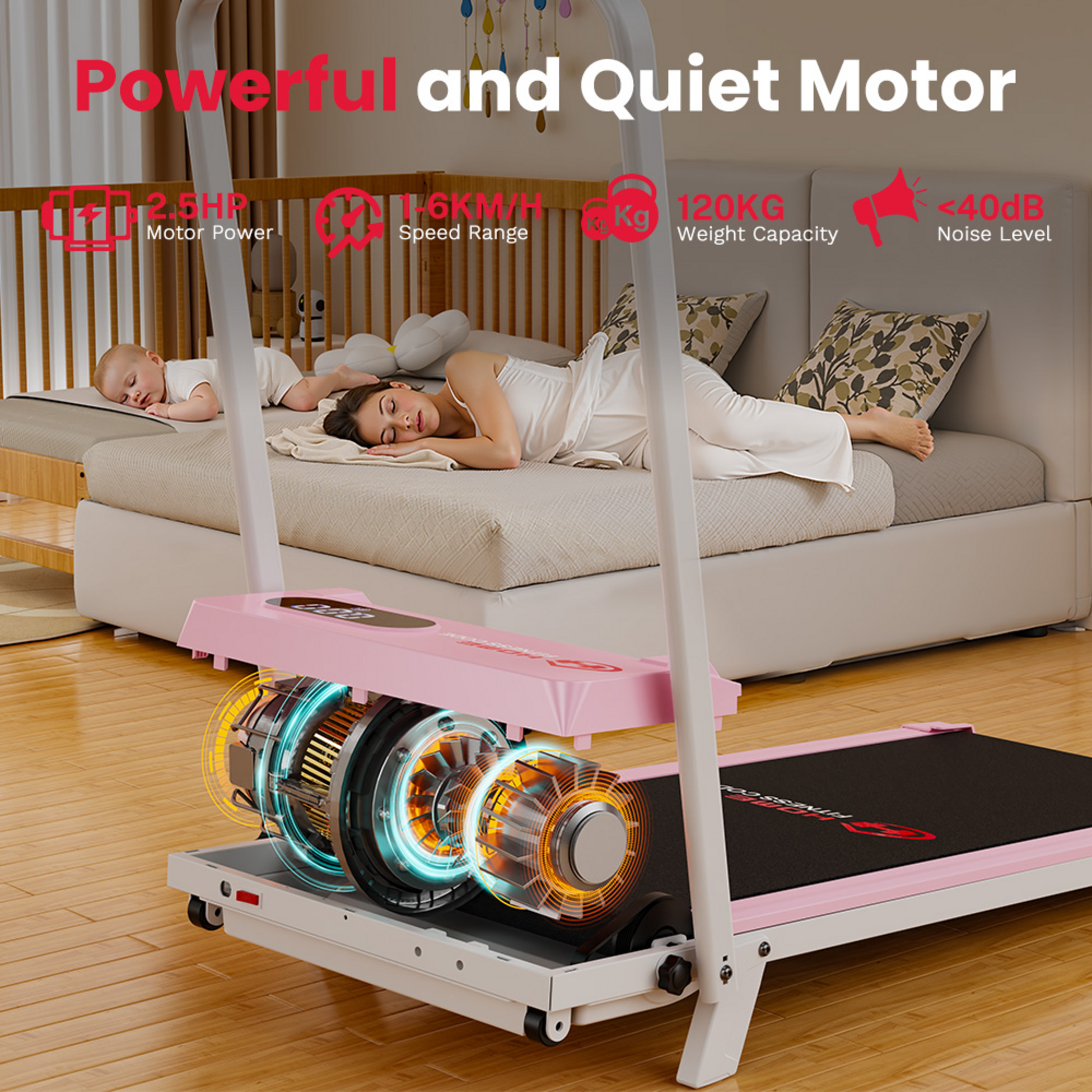 HOMEFITNESSCODE, Hopfällbart löpband, 5 % manuell lutning, 1–6 km/h