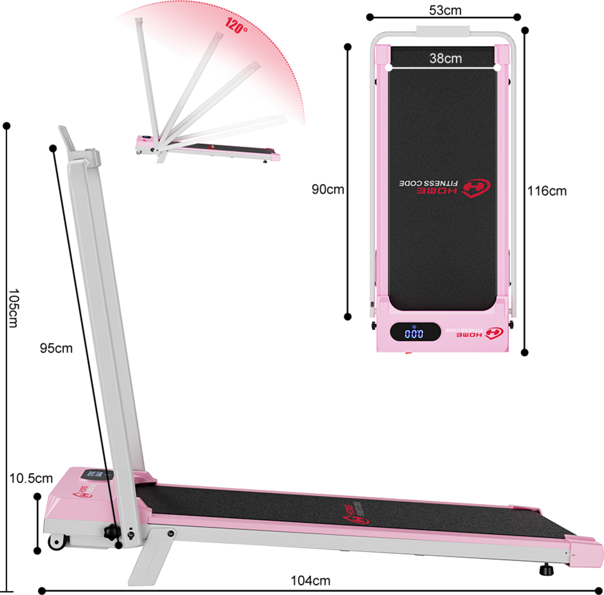 HOMEFITNESSCODE, Hopfällbart löpband, 5 % manuell lutning, 1–6 km/h
