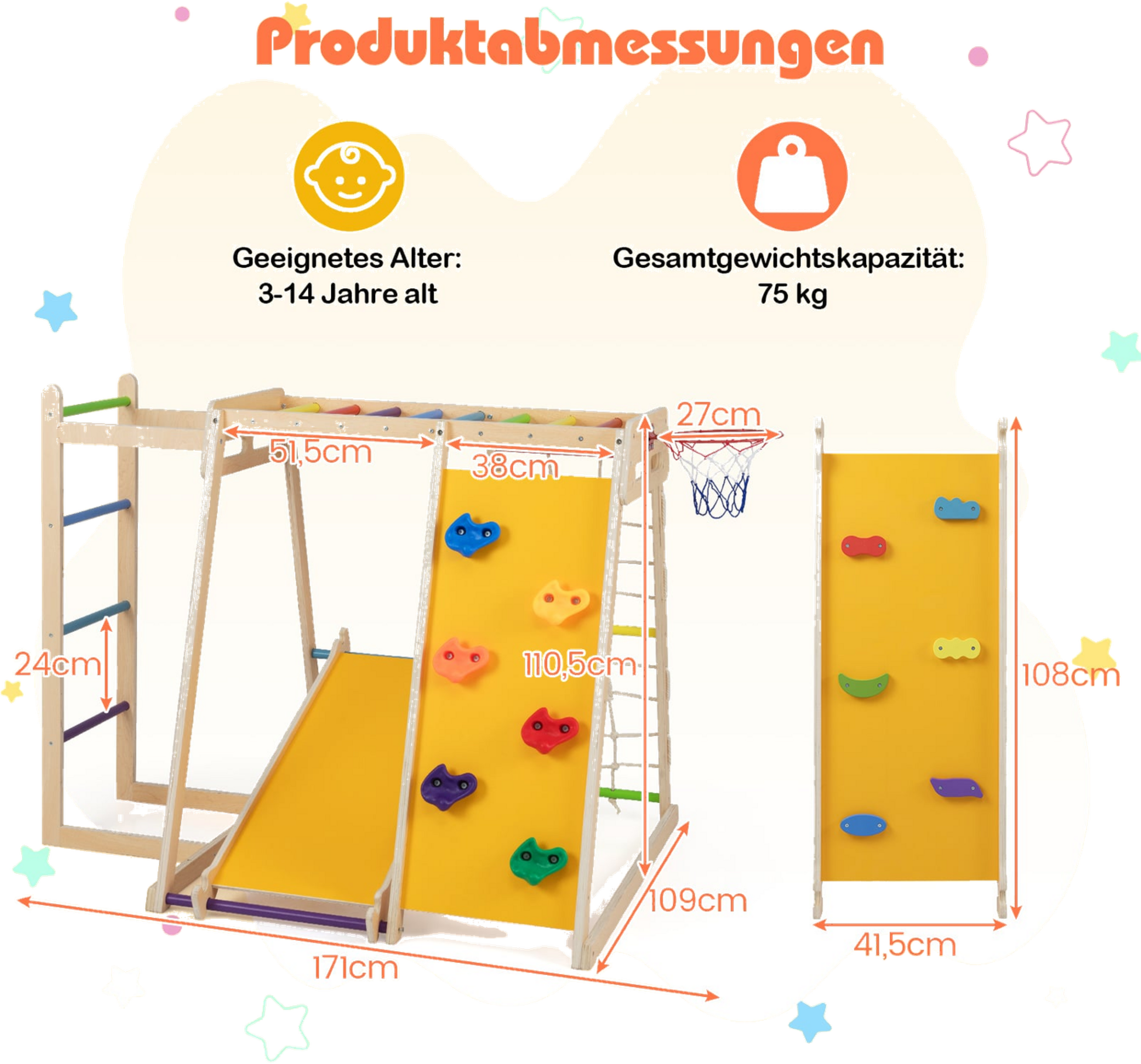 NORTHIX, Indoor Jungle Gym Playground With Slide  Basketball Hoop