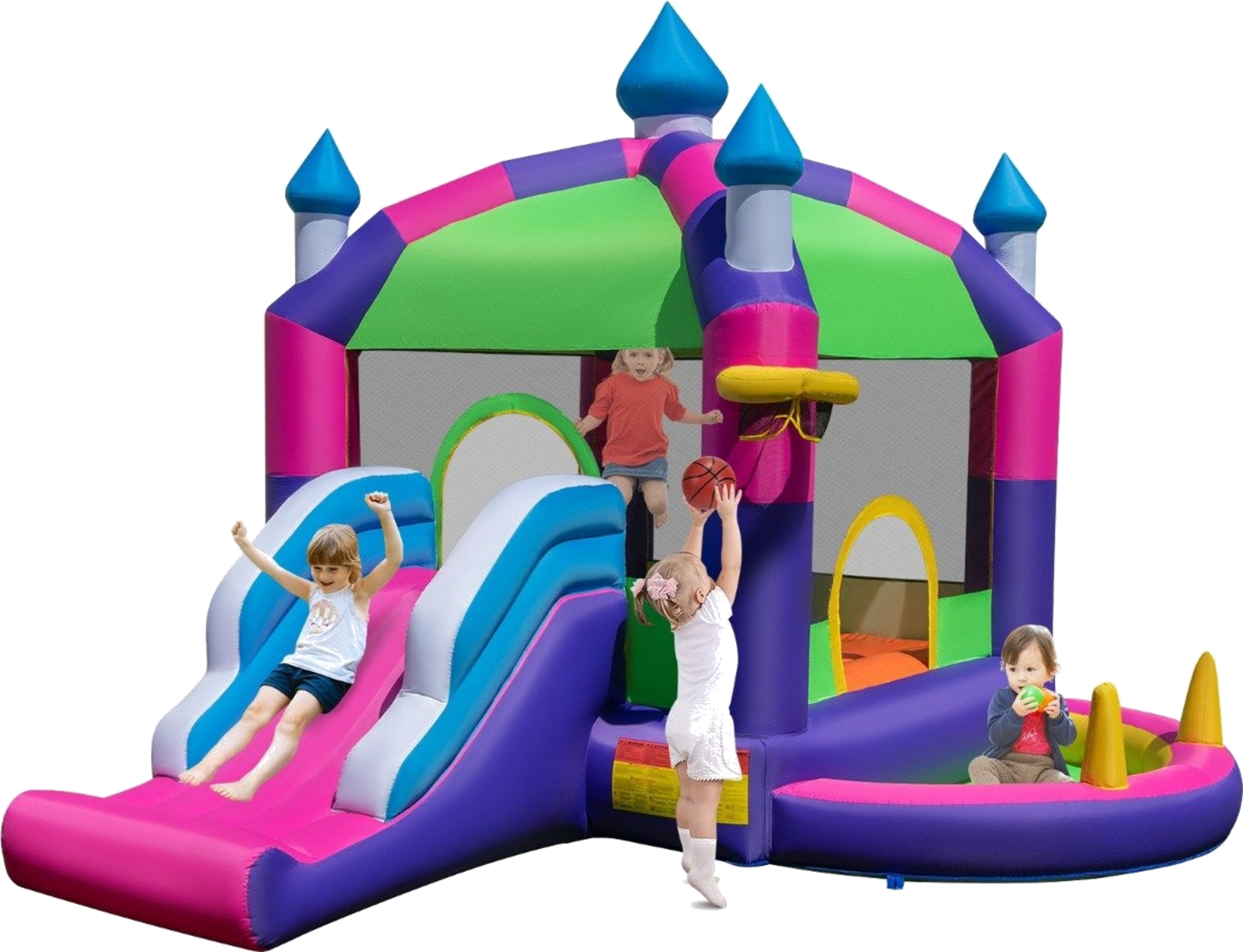 B2X, Inflatable Bouncy Castle With Sun Roof  Slide  Basketball Hoop  Ring Toss Game  Repair Kit
