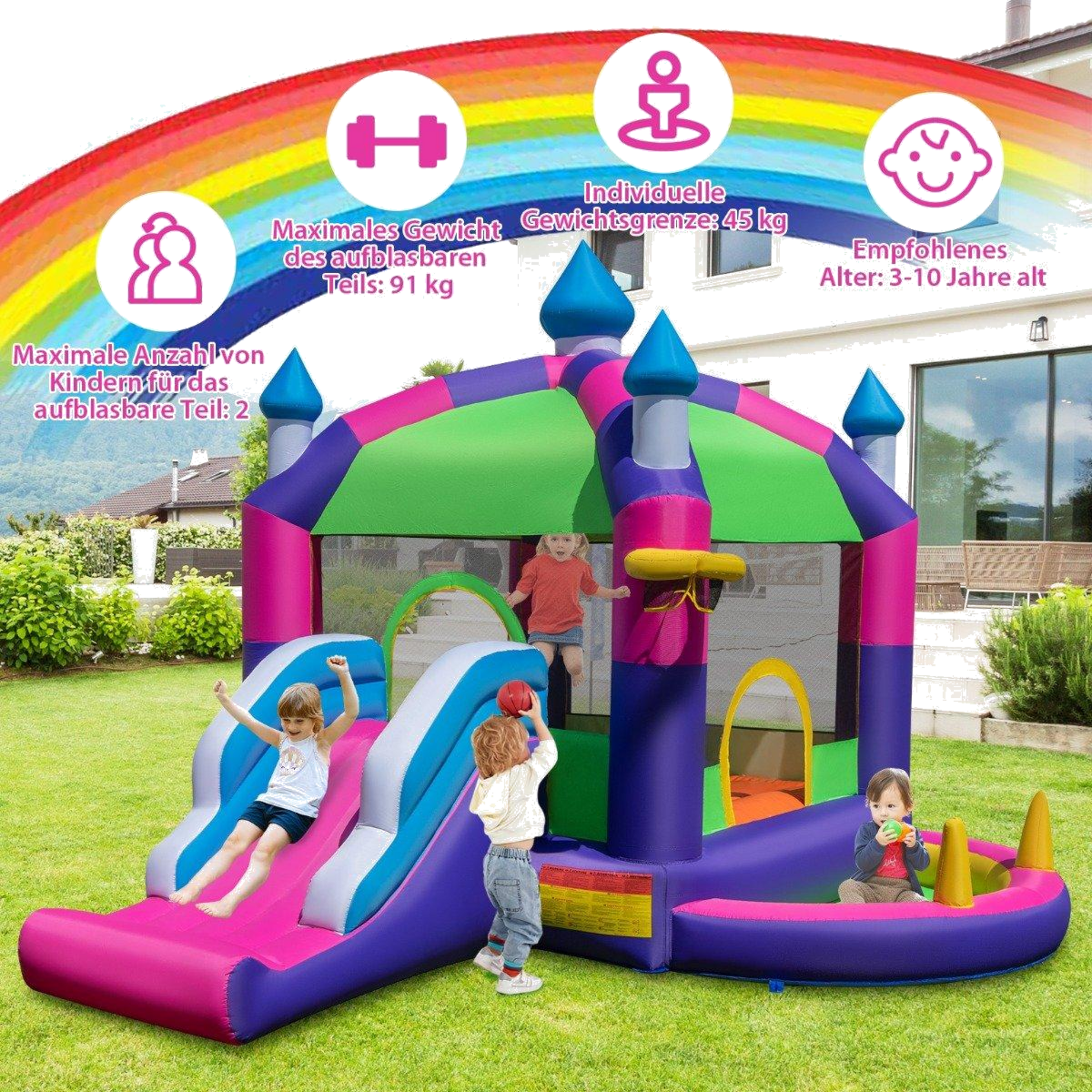 B2X, Inflatable Bouncy Castle With Sun Roof  Slide  Basketball Hoop  Ring Toss Game  Repair Kit