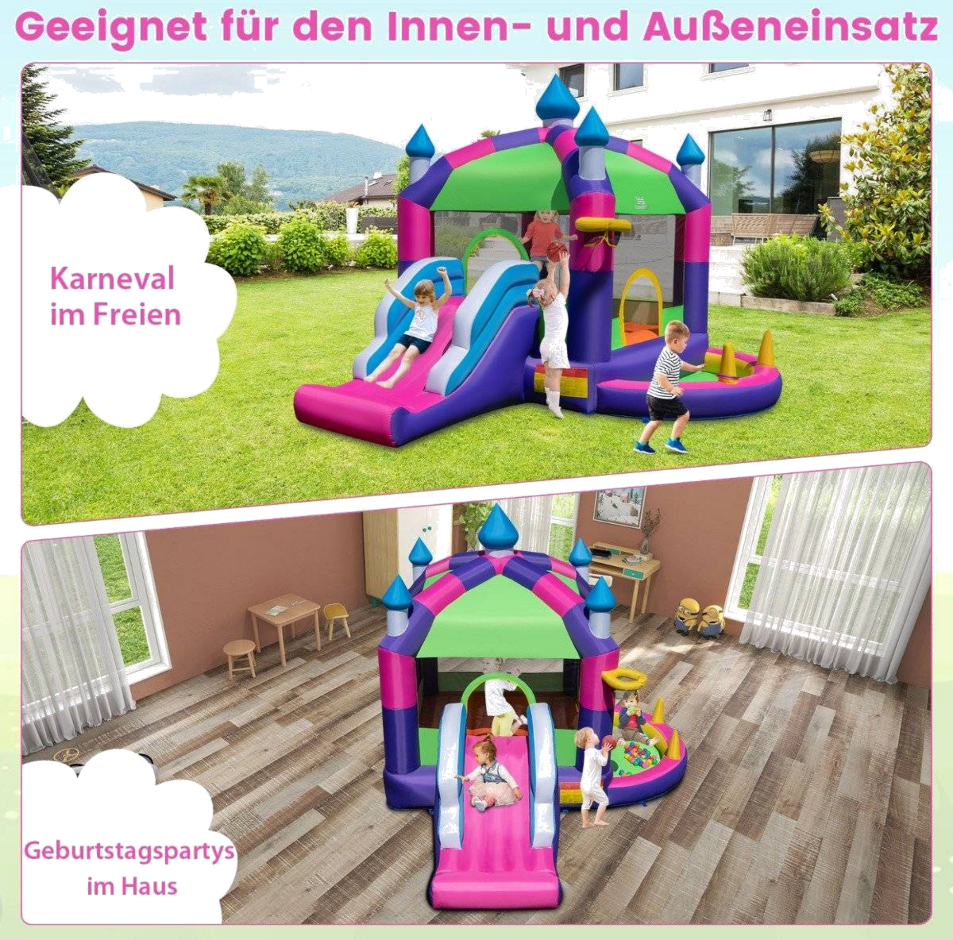 B2X, Inflatable Bouncy Castle With Sun Roof  Slide  Basketball Hoop  Ring Toss Game  Repair Kit