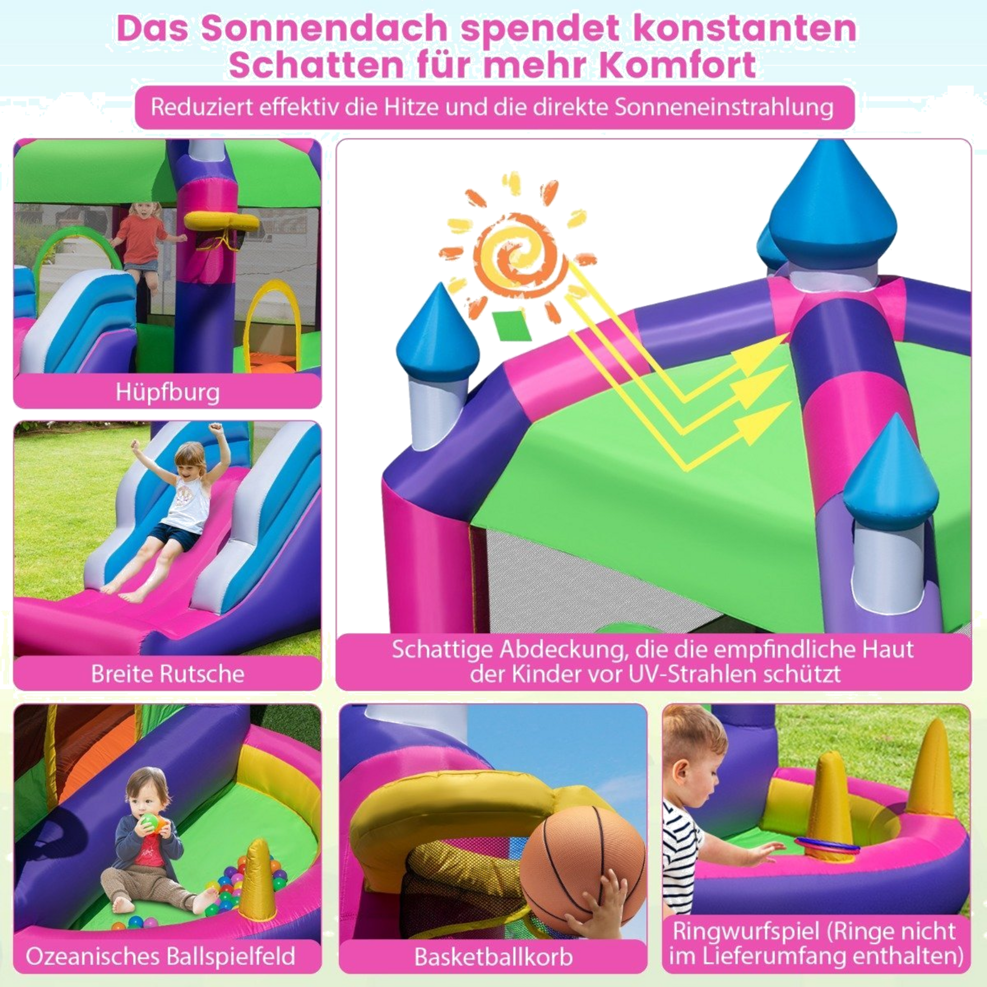 B2X, Inflatable Bouncy Castle With Sun Roof  Slide  Basketball Hoop  Ring Toss Game  Repair Kit