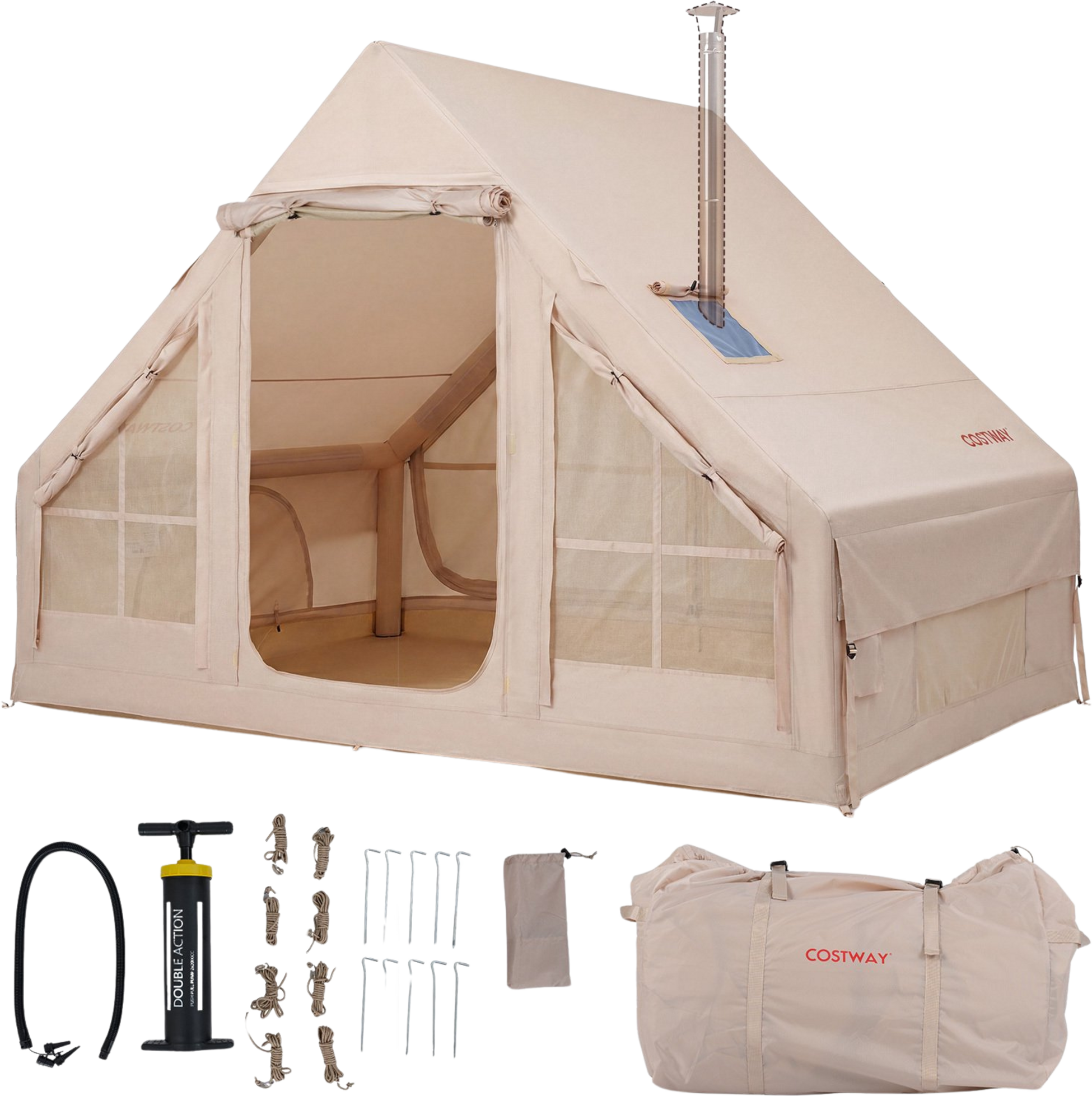 NORTHIX, Inflatable Camping Tent, 4-person, Air Pump, Waterproof; Chimney Port