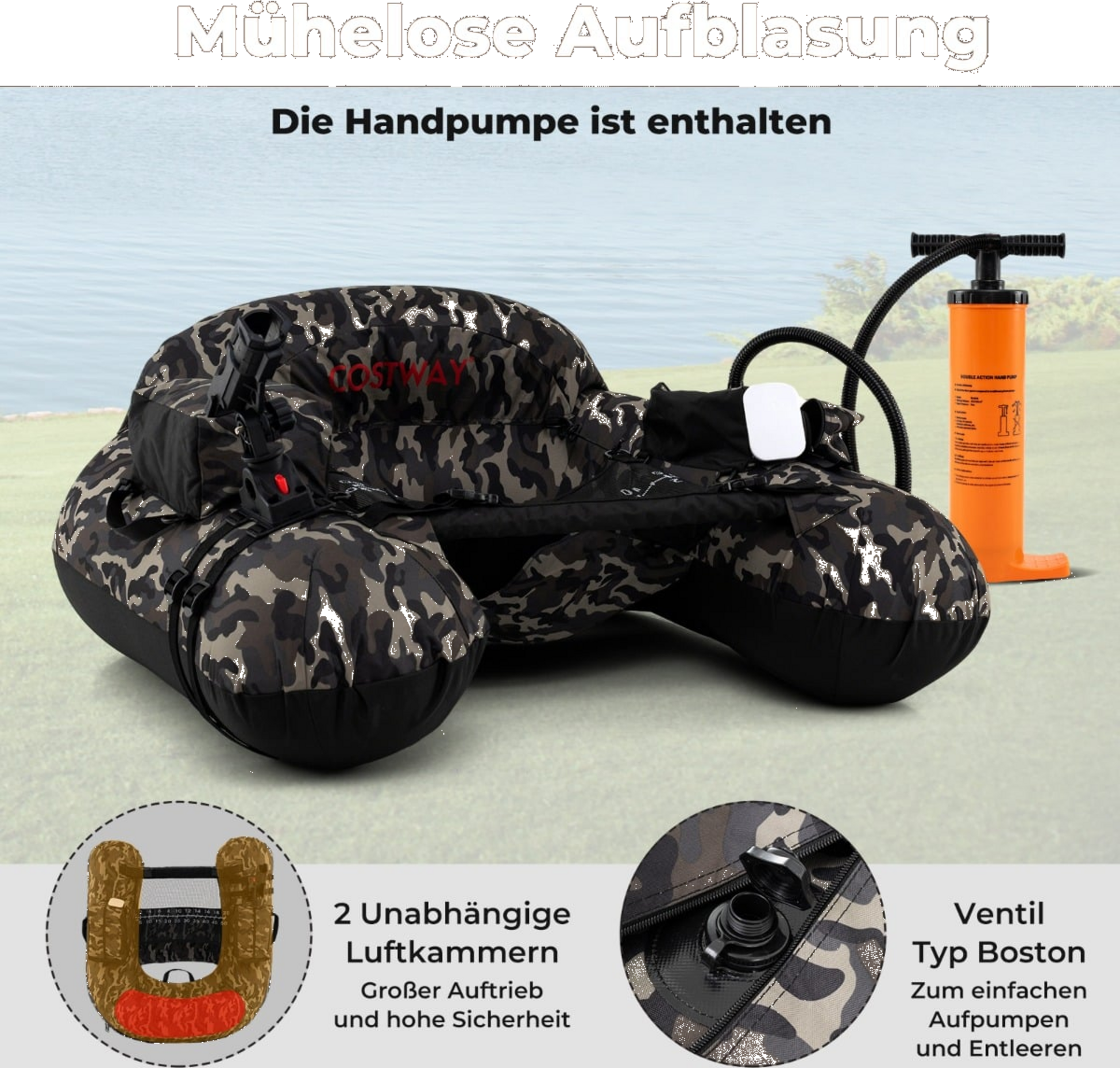 NORTHIX, Inflatable Fishing Boat With Rod Holder  Paddle