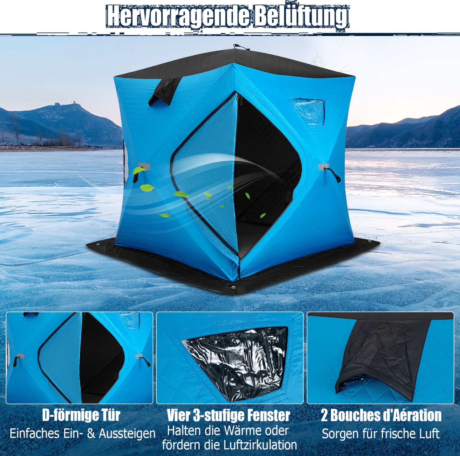 NORTHIX, Insulated Pop-up Ice Fishing Tent, 2-person, Blue