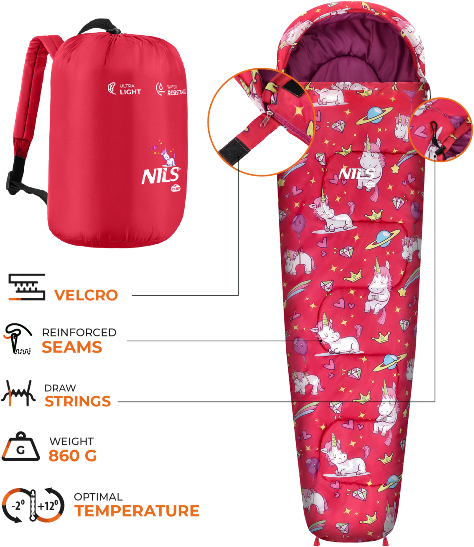 NORTHIX, Kids Sleeping Bag With Backpack, Unicorn Print, 170x60cm