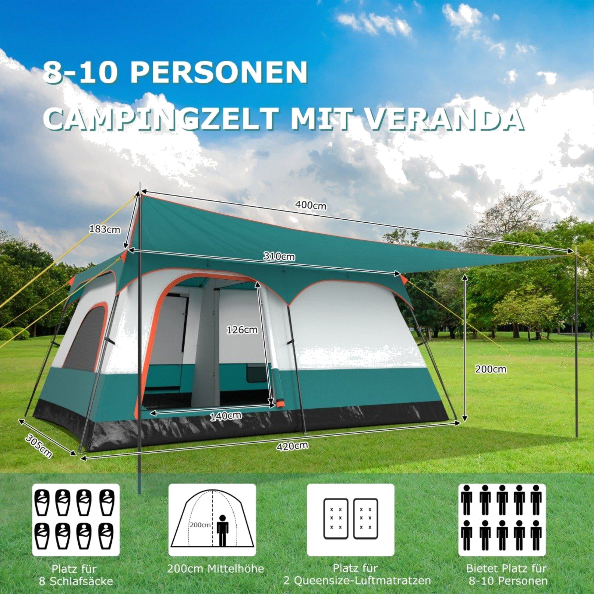 NORTHIX, Large Tent With Awning  Floor  2 Rooms  2 Entrances  Carrying Bag Camping Tent Family Tent L