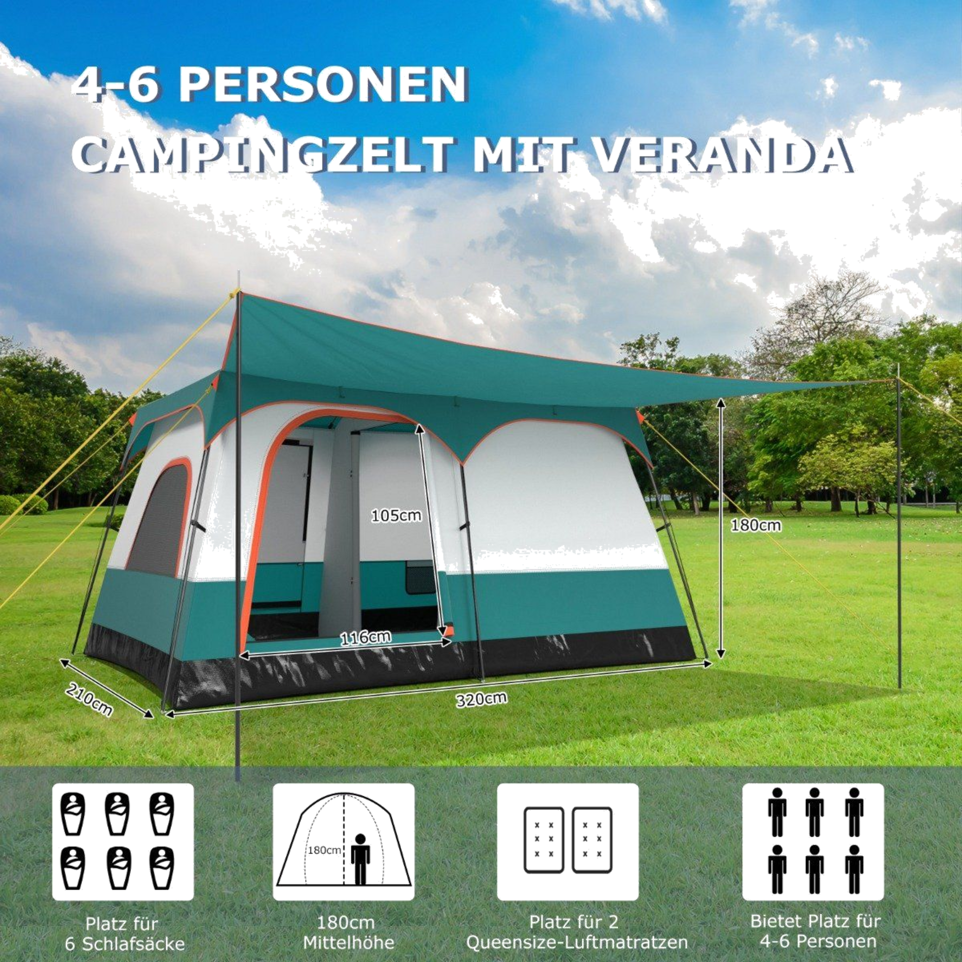 NORTHIX, Large family camping tent with 2 rooms, 2 entrances, awning, floor, carrying bag &ndash; S