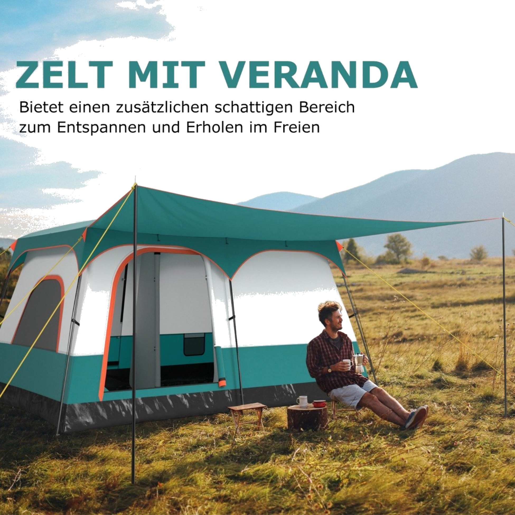 NORTHIX, Large family camping tent with 2 rooms, 2 entrances, awning, floor, carrying bag &ndash; S
