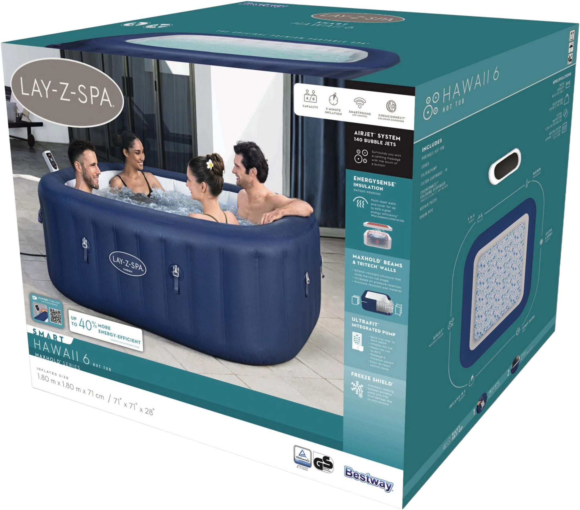 BESTWAY, Lay-z-spa Hawaii Energysense Airjet 6 Bl&aring; 1.80mx1.80mx71cm