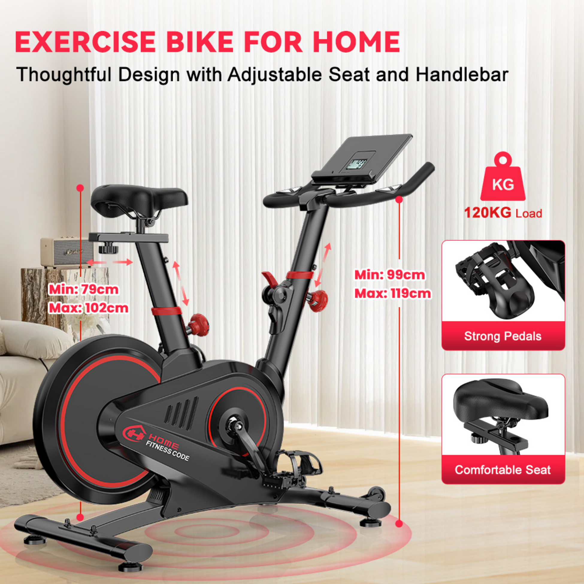 HOMEFITNESSCODE, Magnetisk Motionscykel X7 Med 6 Motst&aring;ndsniv&aring;er , Bluetooth