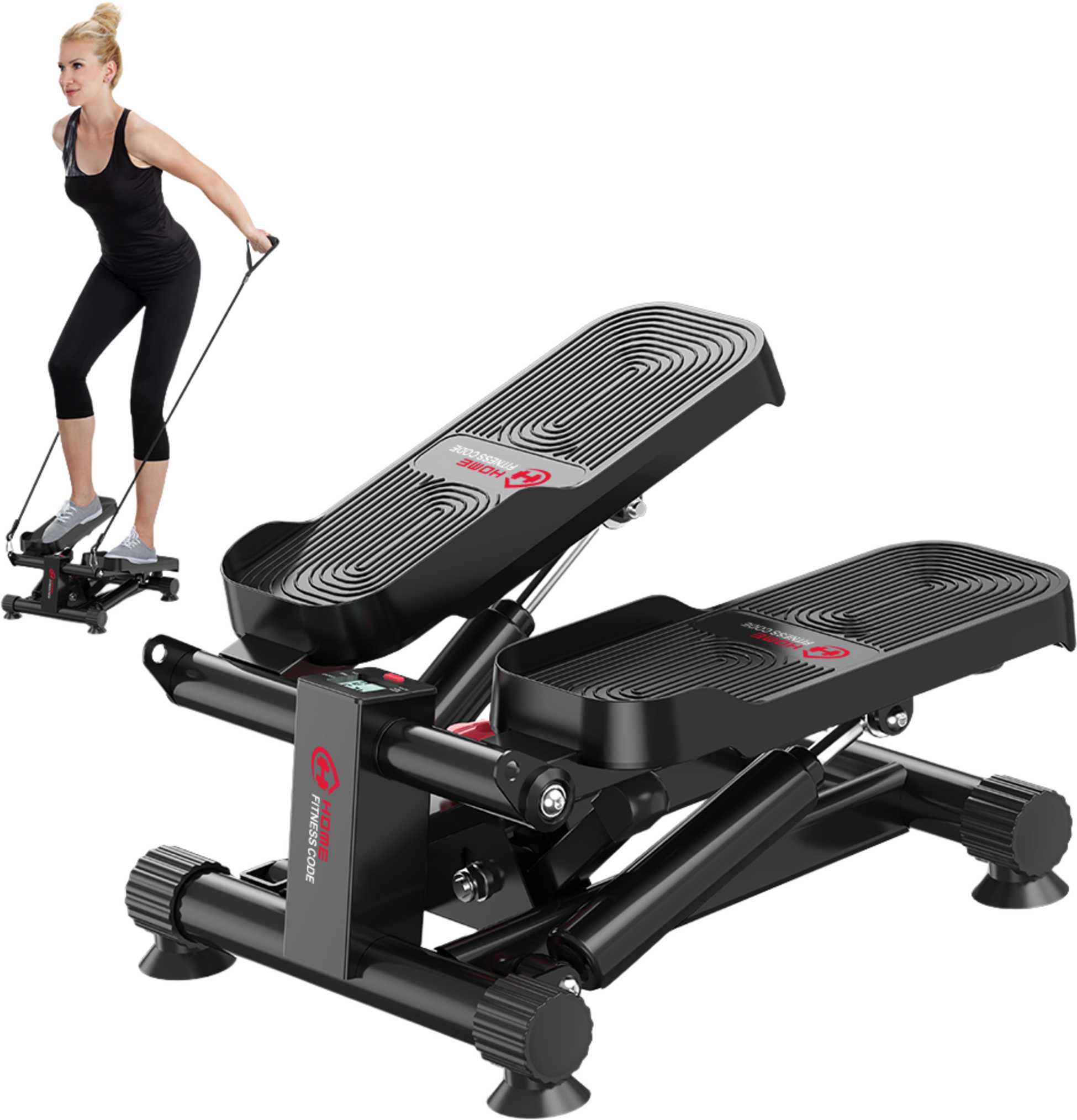 HOMEFITNESSCODE, Mini Stepper Med Lcd Och Motståndsband – Kompakt Hemträning
