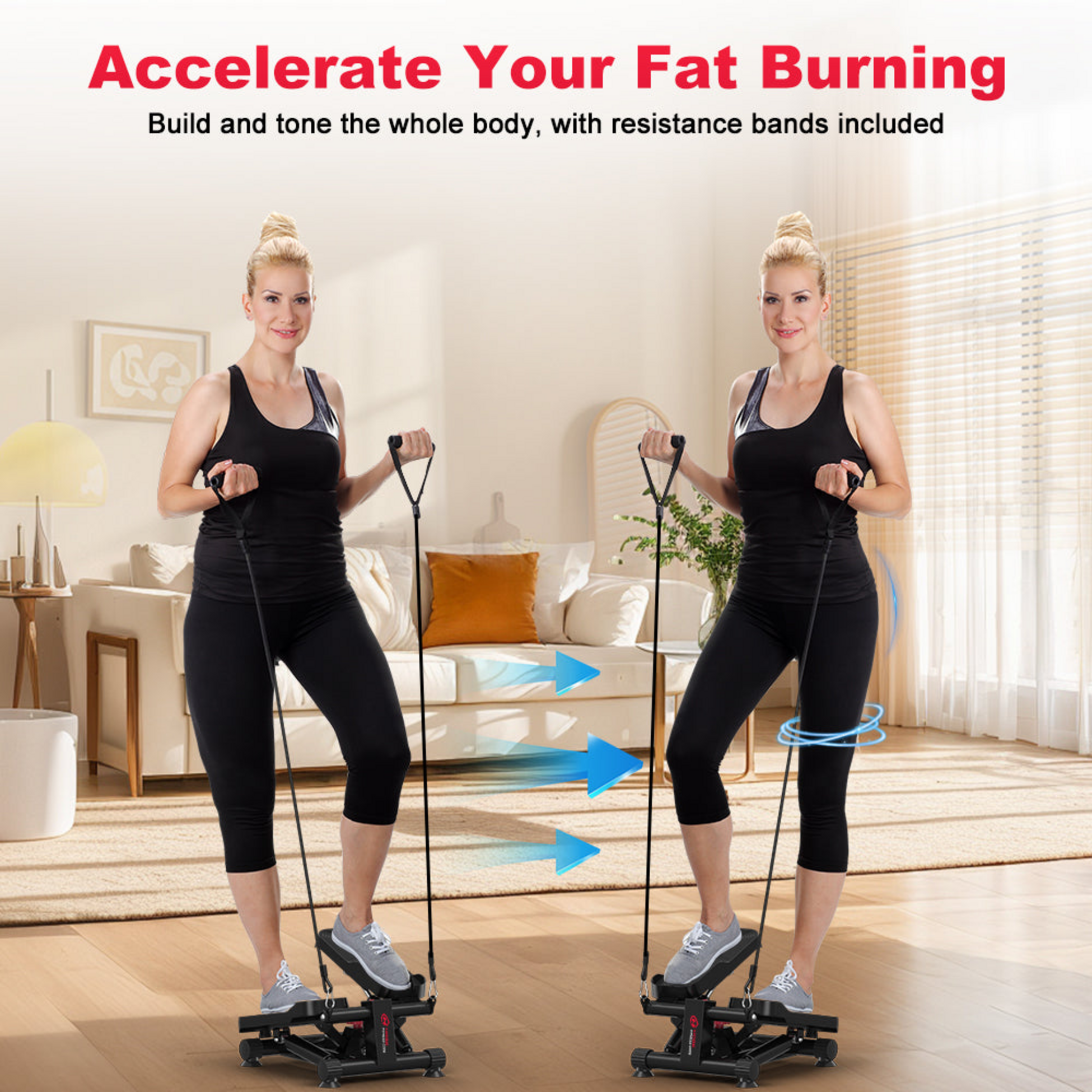 HOMEFITNESSCODE, Mini Stepper Med Lcd Och Motståndsband – Kompakt Hemträning