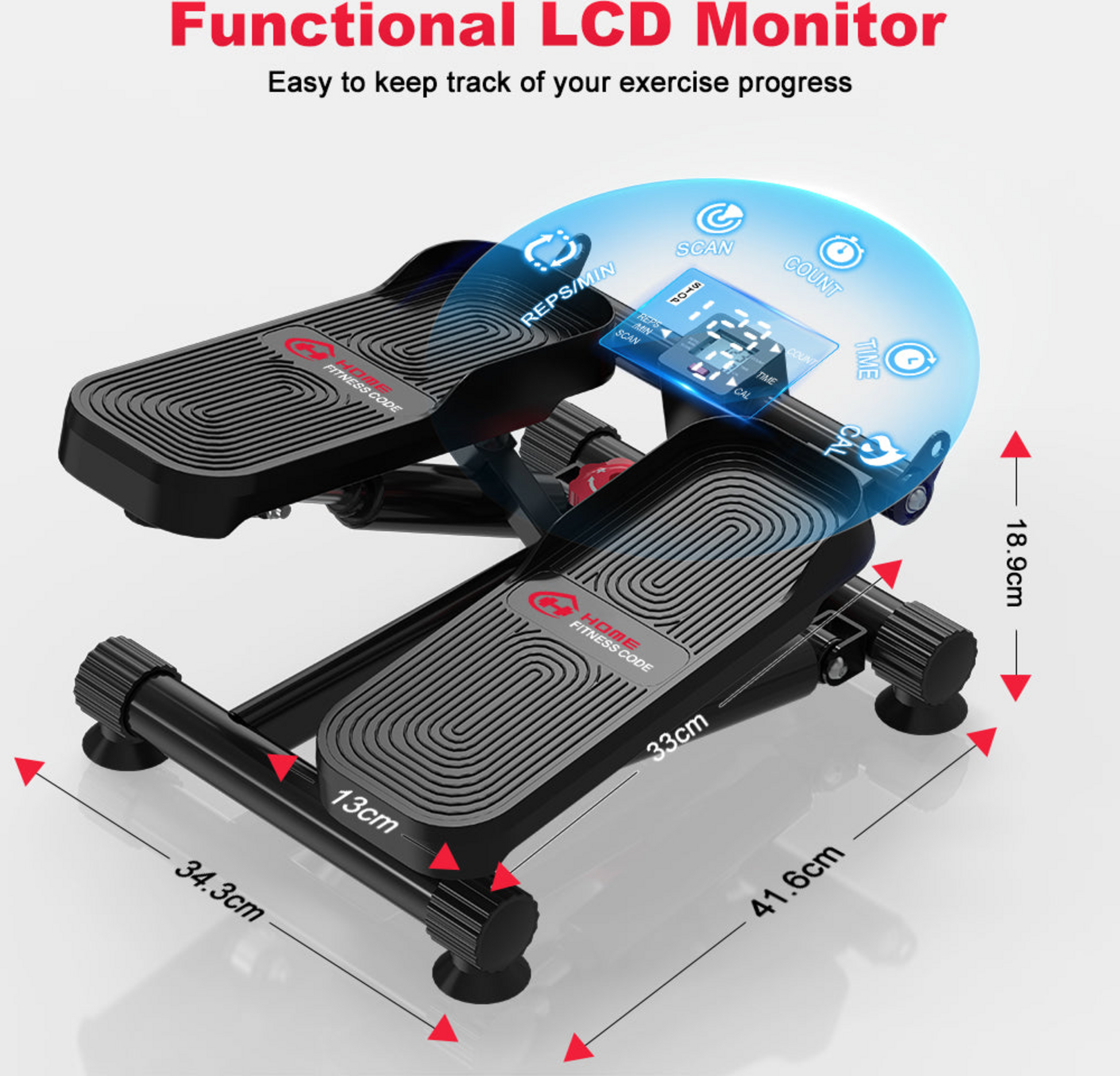 HOMEFITNESSCODE, Mini Stepper Med Lcd Och Motståndsband – Kompakt Hemträning