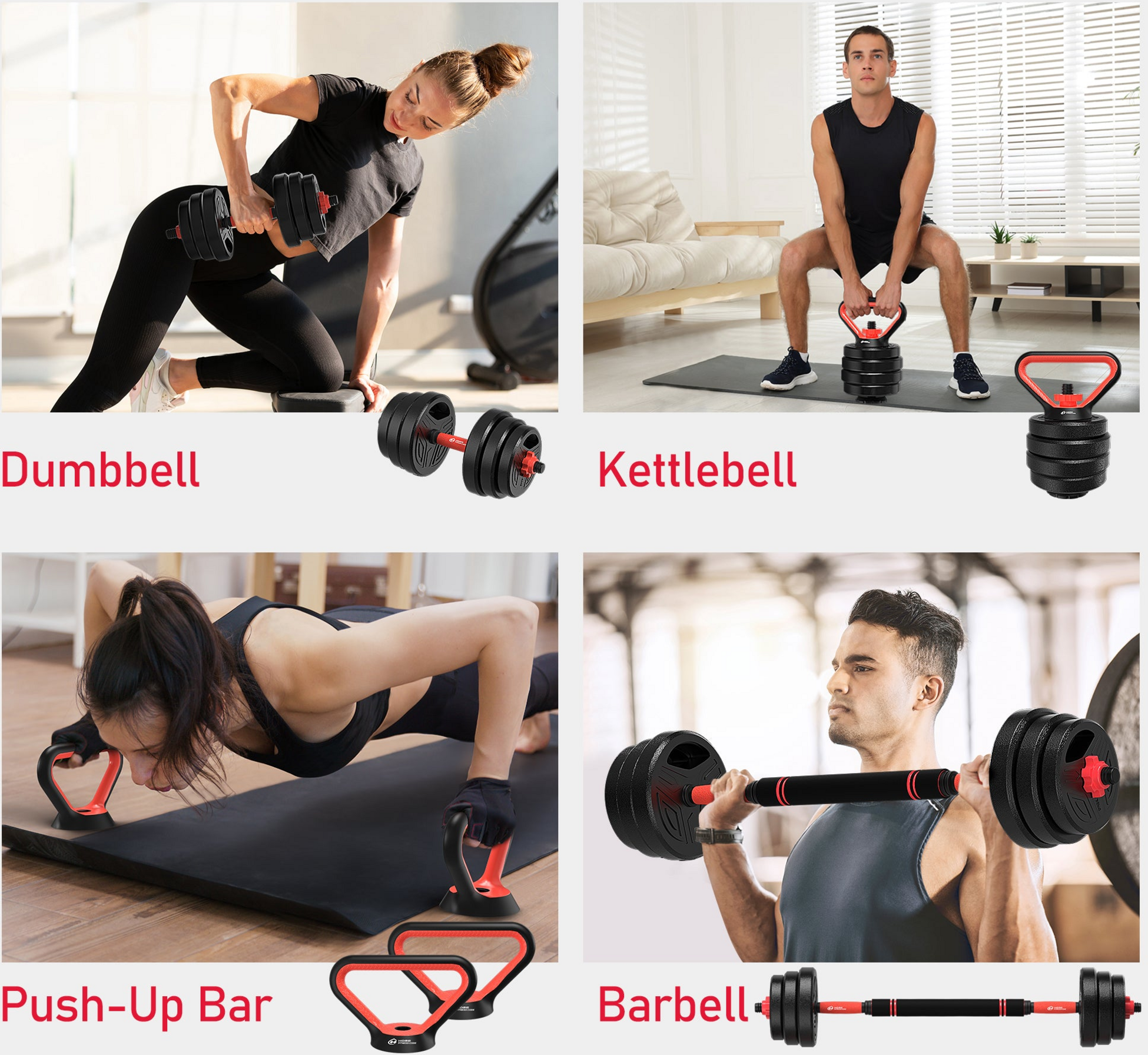 HOMEFITNESSCODE, Multifunktionella 4-i-1 Hantlar – Hantel, Skivstång, Kettlebell , Push-up Stöd