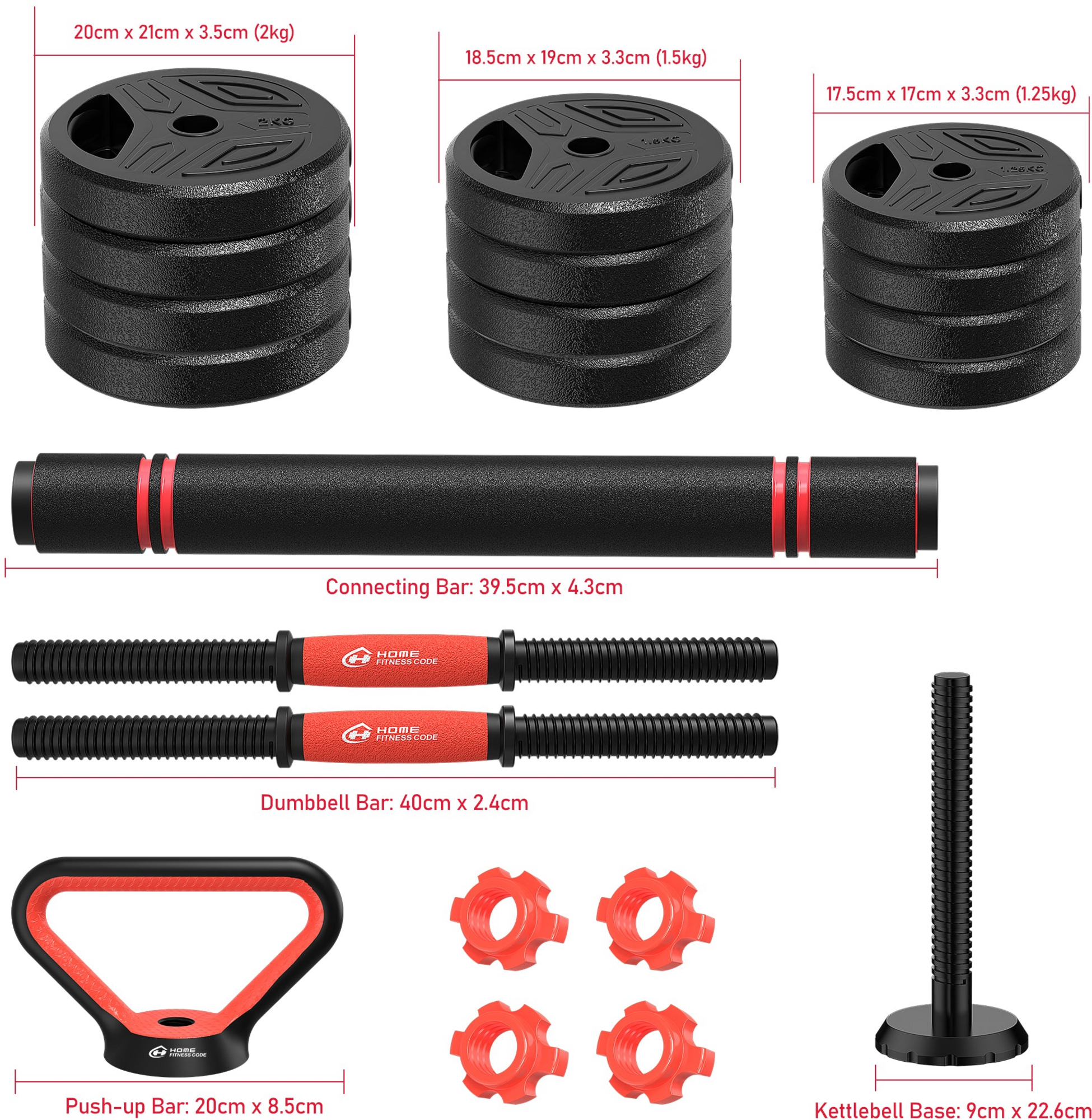 HOMEFITNESSCODE, Multifunktionella 4-i-1 Hantlar – Hantel, Skivstång, Kettlebell , Push-up Stöd