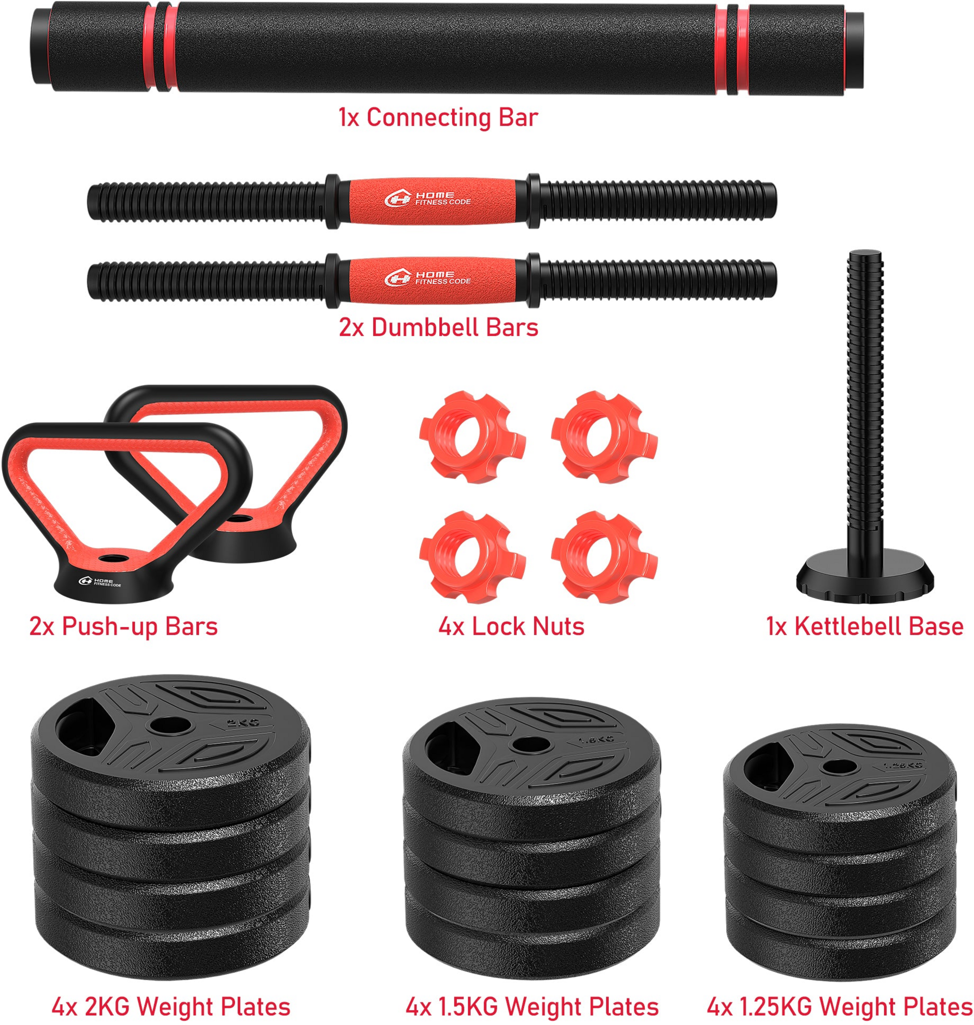 HOMEFITNESSCODE, Multifunktionella 4-i-1 Hantlar – Hantel, Skivstång, Kettlebell , Push-up Stöd