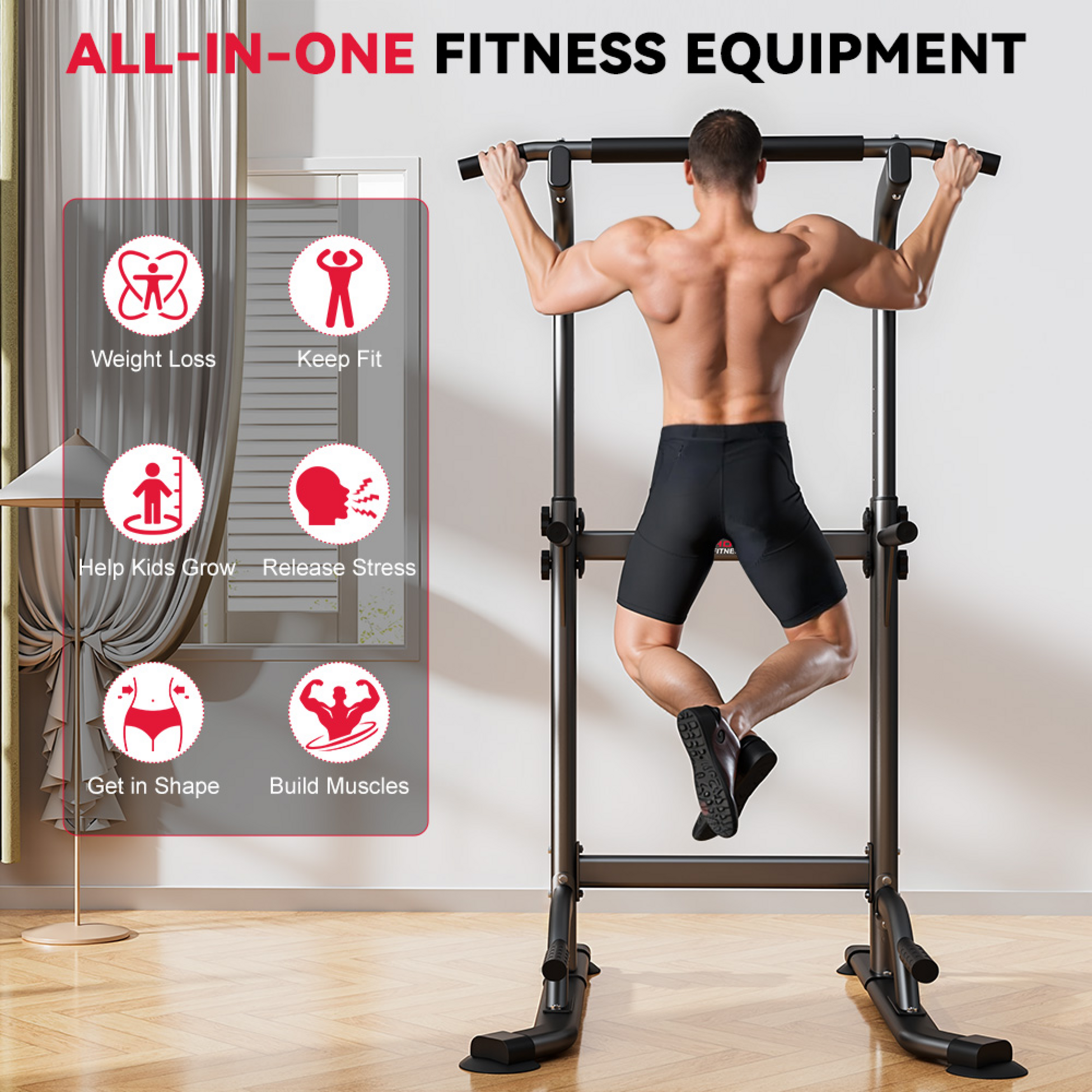 HOMEFITNESSCODE, Power Tower Pull Up Bar D1 &ndash; Justerbar Dipstation F&ouml;r Hemmatr&auml;ning