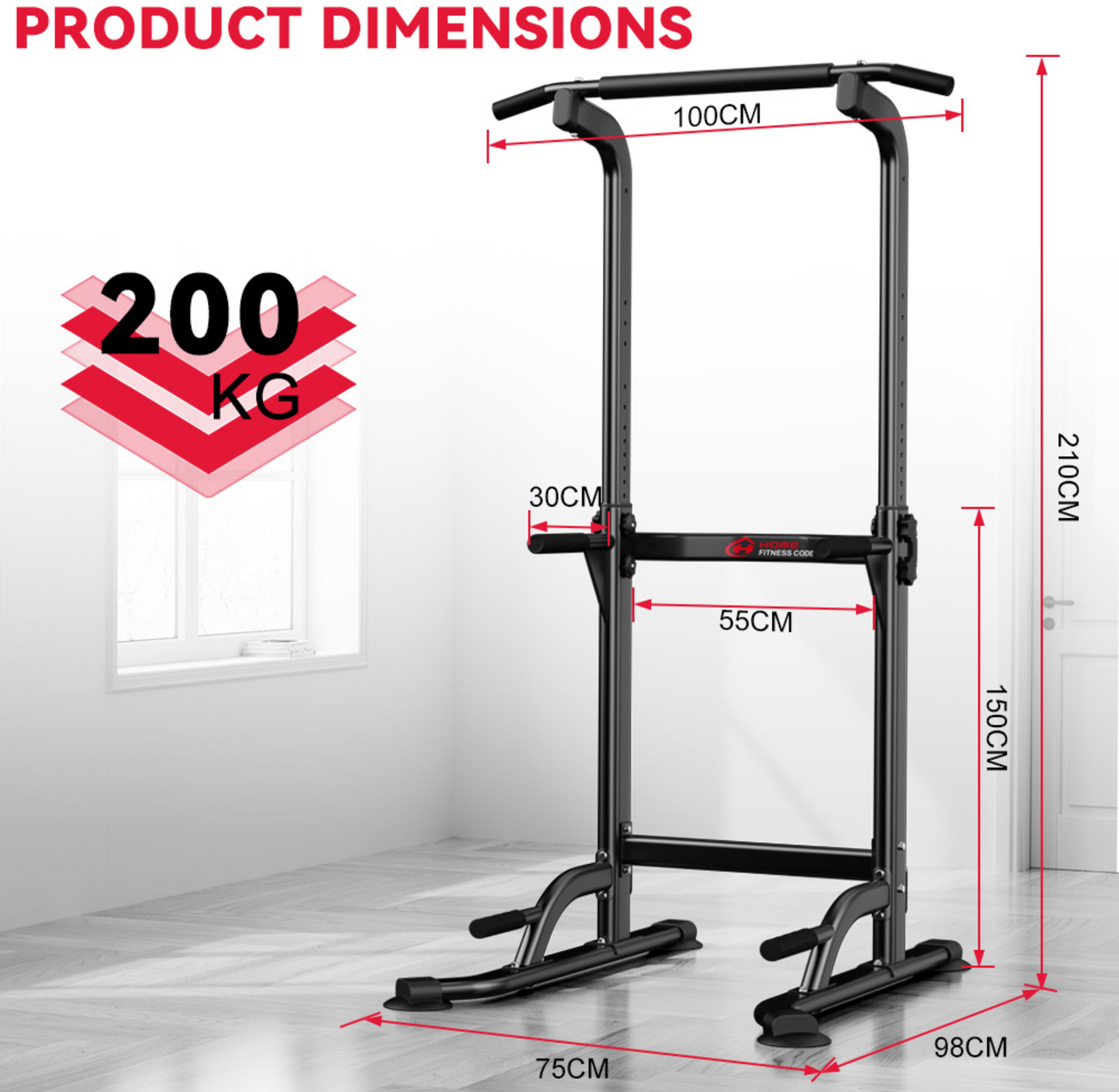 HOMEFITNESSCODE, Power Tower Pull Up Bar D1 &ndash; Justerbar Dipstation F&ouml;r Hemmatr&auml;ning