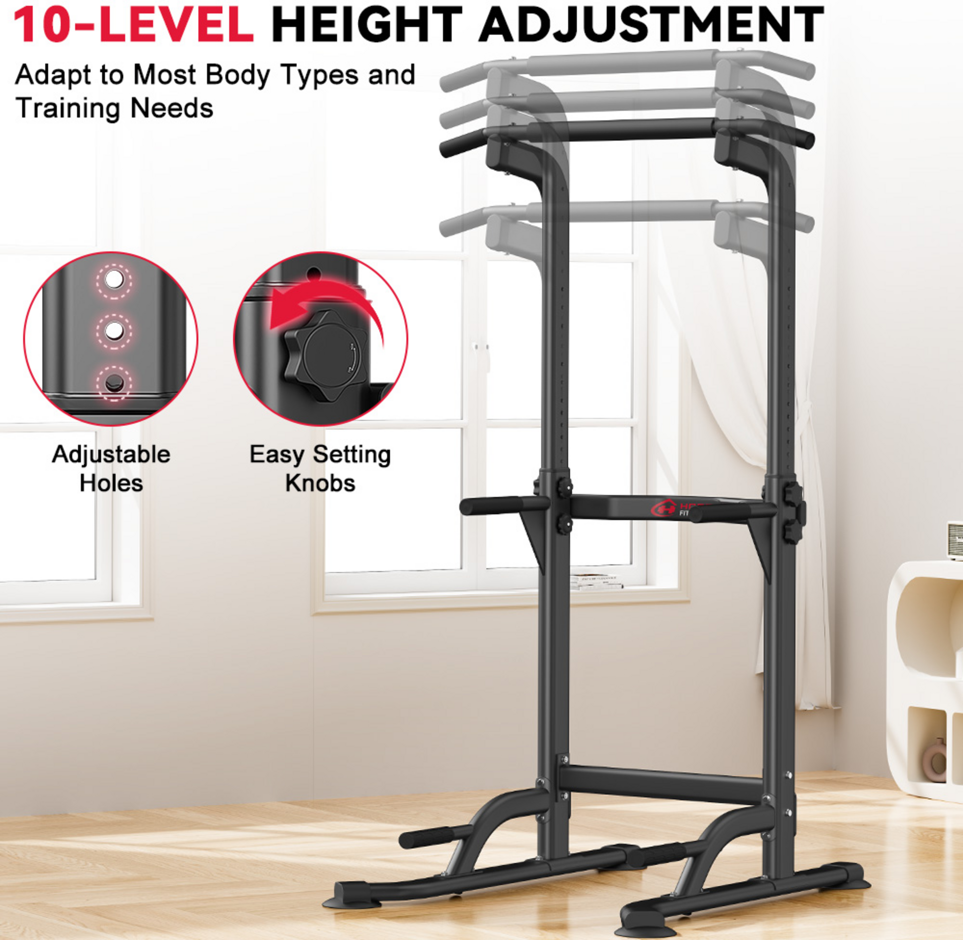 HOMEFITNESSCODE, Power Tower Pull Up Bar D1 &ndash; Justerbar Dipstation F&ouml;r Hemmatr&auml;ning