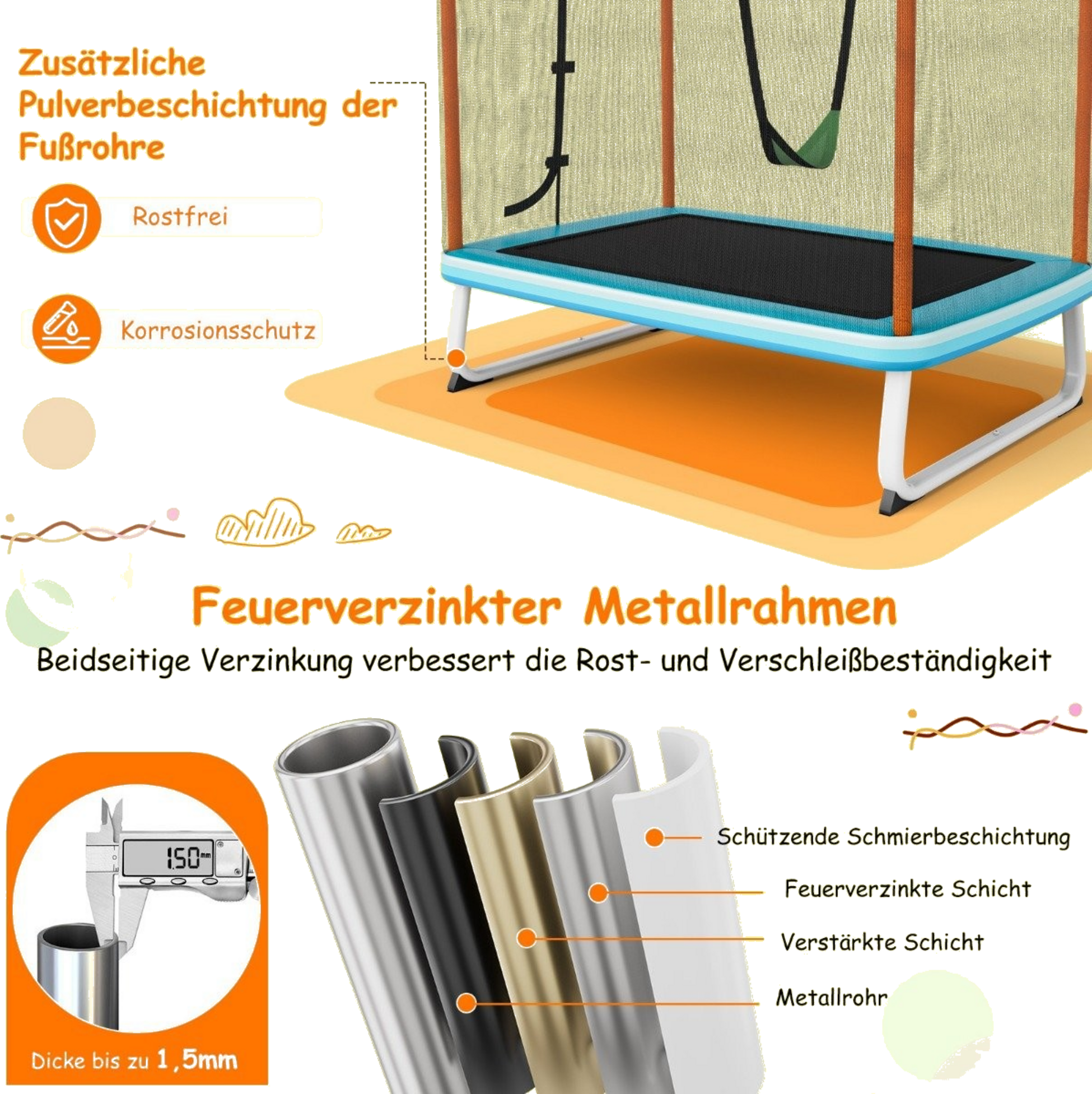 NORTHIX, Rectangular 3-in-1 Trampoline For Children 190 X 124 Cm Large Leisure Trampoline With Net Blue + Ora