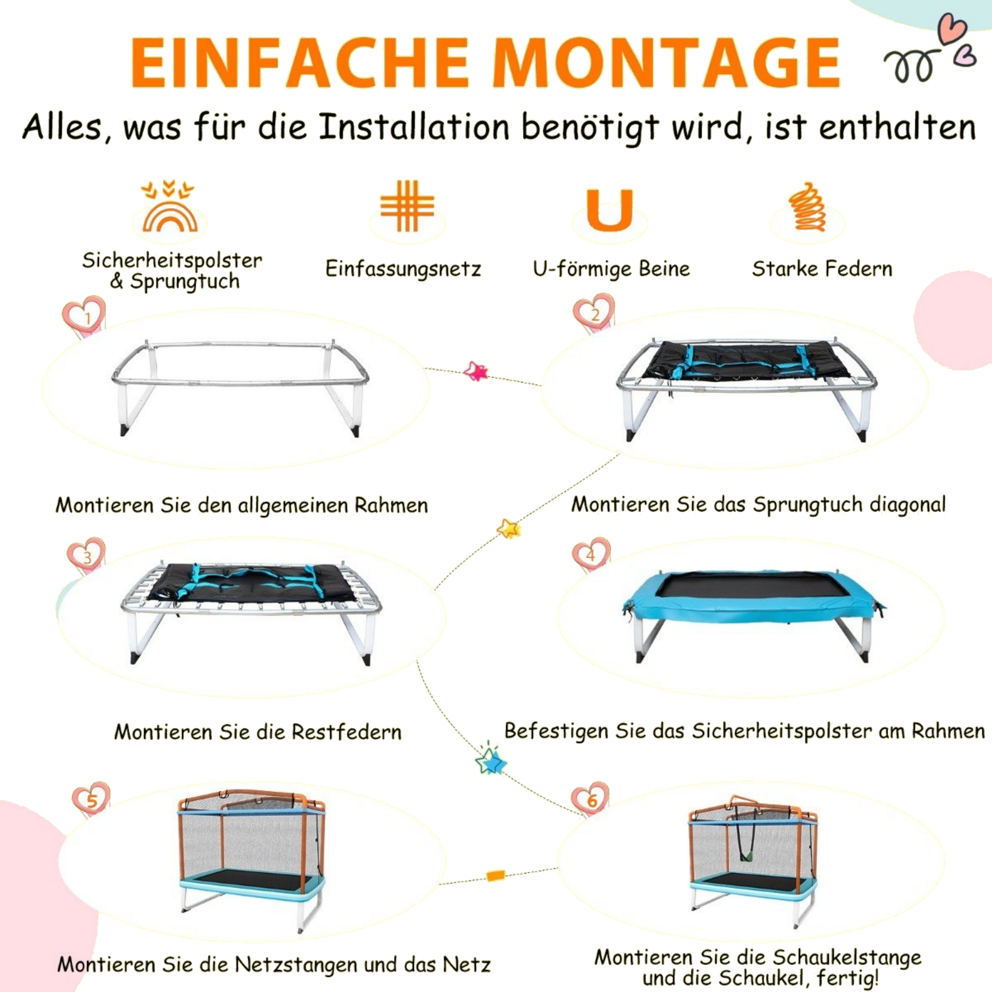 NORTHIX, Rectangular 3-in-1 Trampoline For Children 190 X 124 Cm Large Leisure Trampoline With Net Blue + Ora