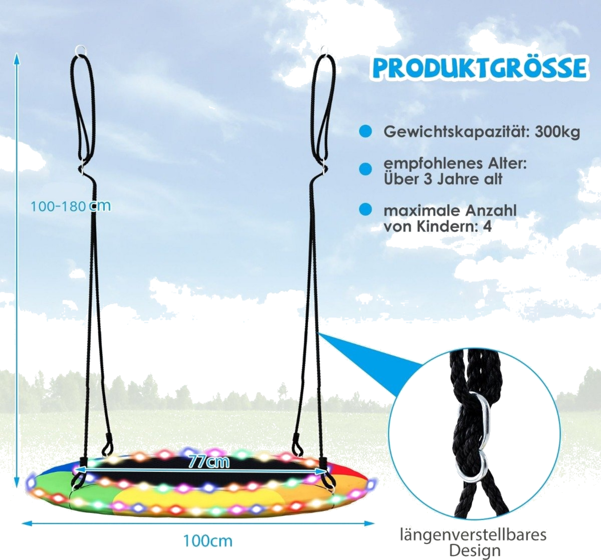 B2X, Saucer Swing With A Diameter Of 100 Cm Can Hold Up To 300 Kg Led Swing For Children  Adults Rainbow