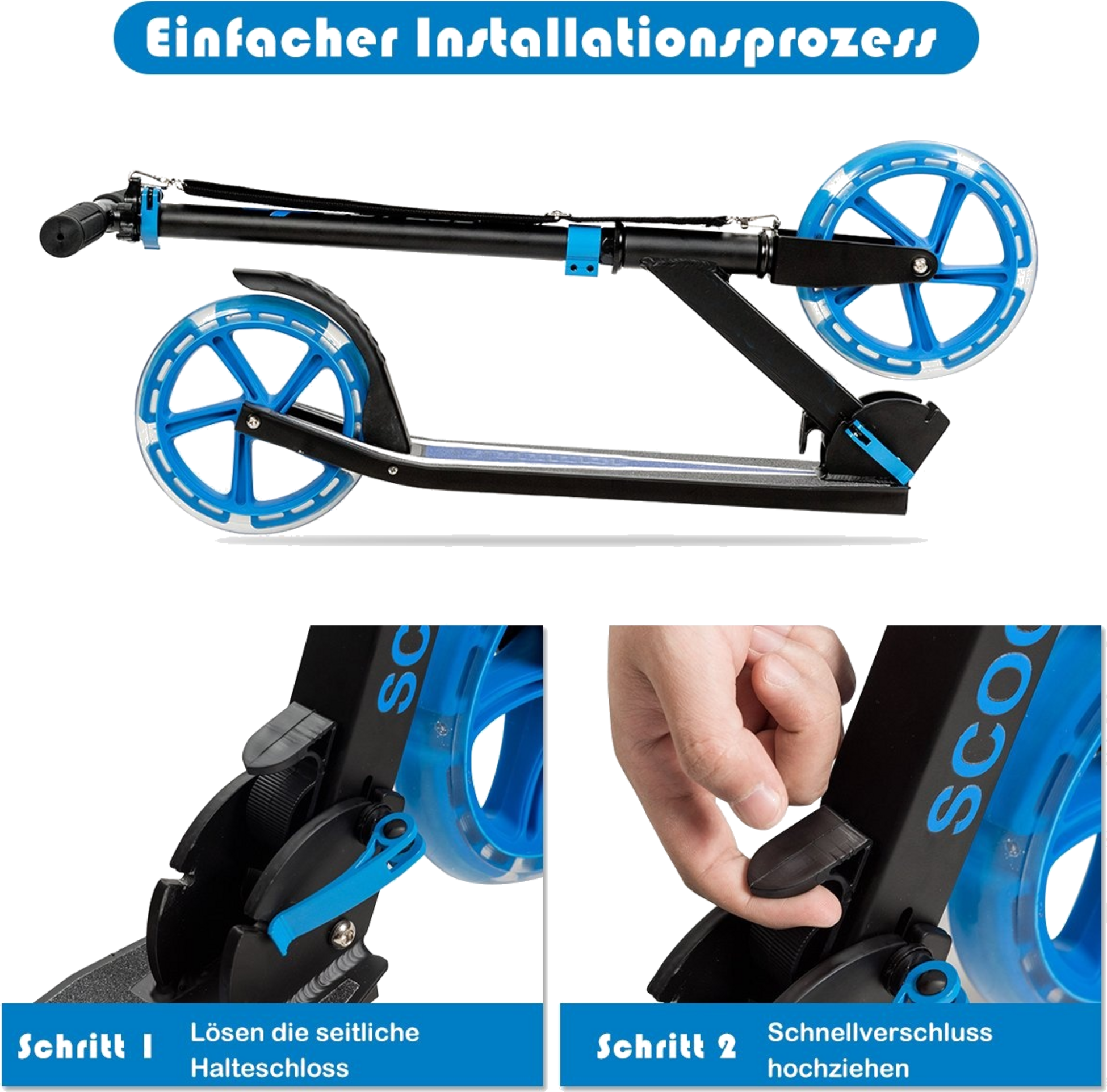 NORTHIX, Scooter Hopfällbar Sparkscooter Höjdjusterbar 100 Kg Lastkapacitet Sparkscooter Med 2 Led-hjul Blå