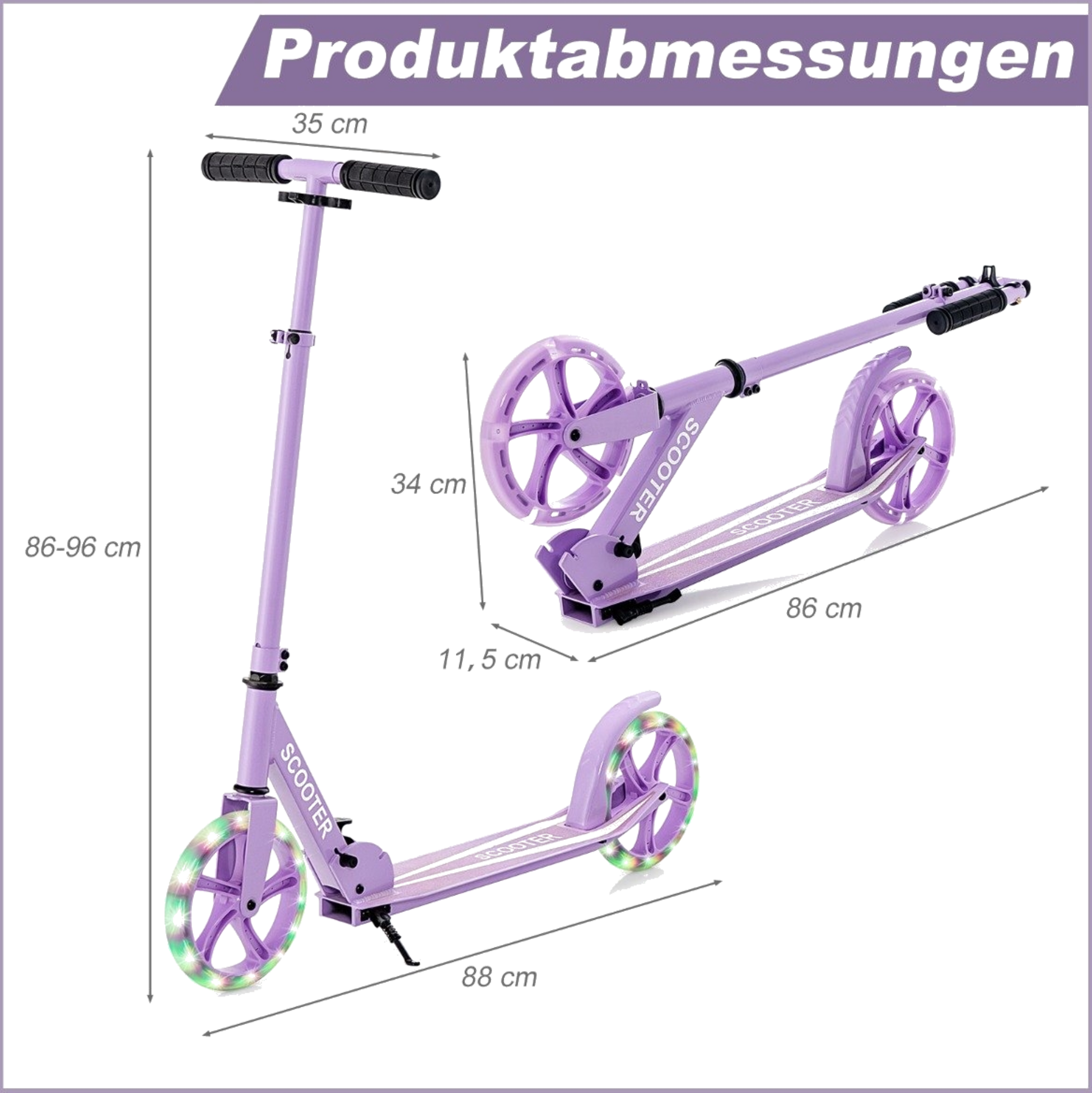 NORTHIX, Scooter Scooter Foldable Kick Scooter Height Adjustable City Scooter 100kg Load Capacity Purple