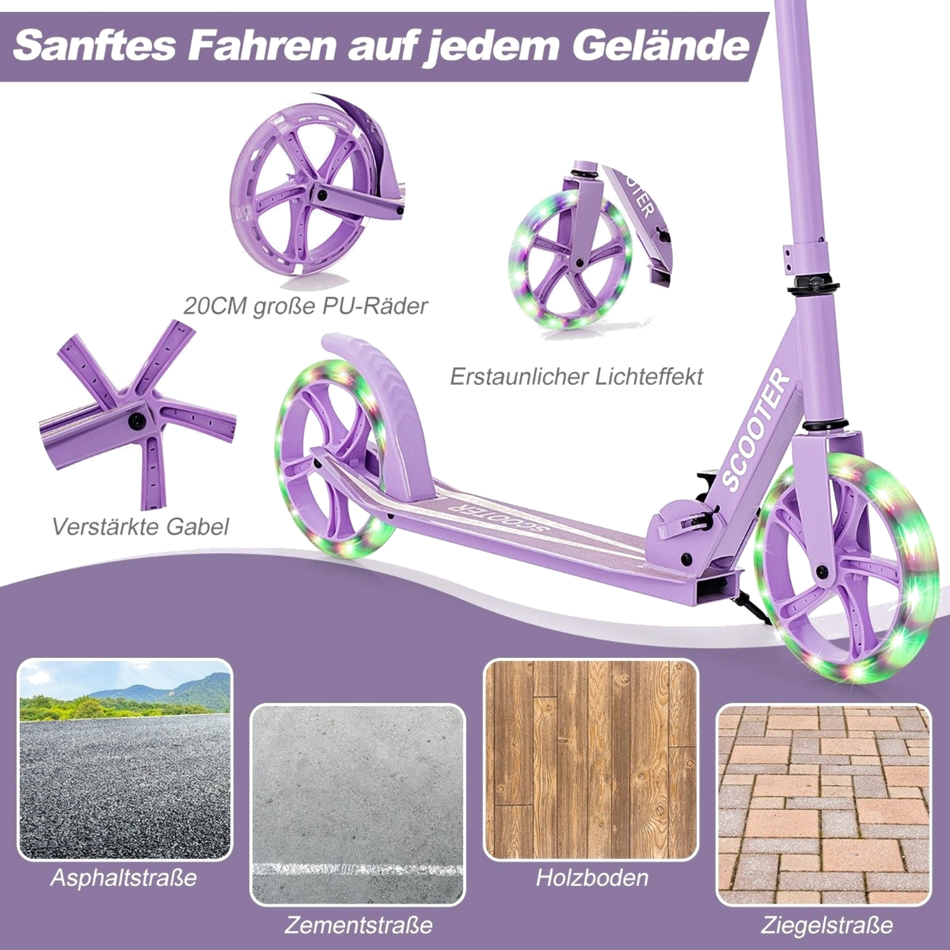 NORTHIX, Scooter Scooter Foldable Kick Scooter Height Adjustable City Scooter 100kg Load Capacity Purple