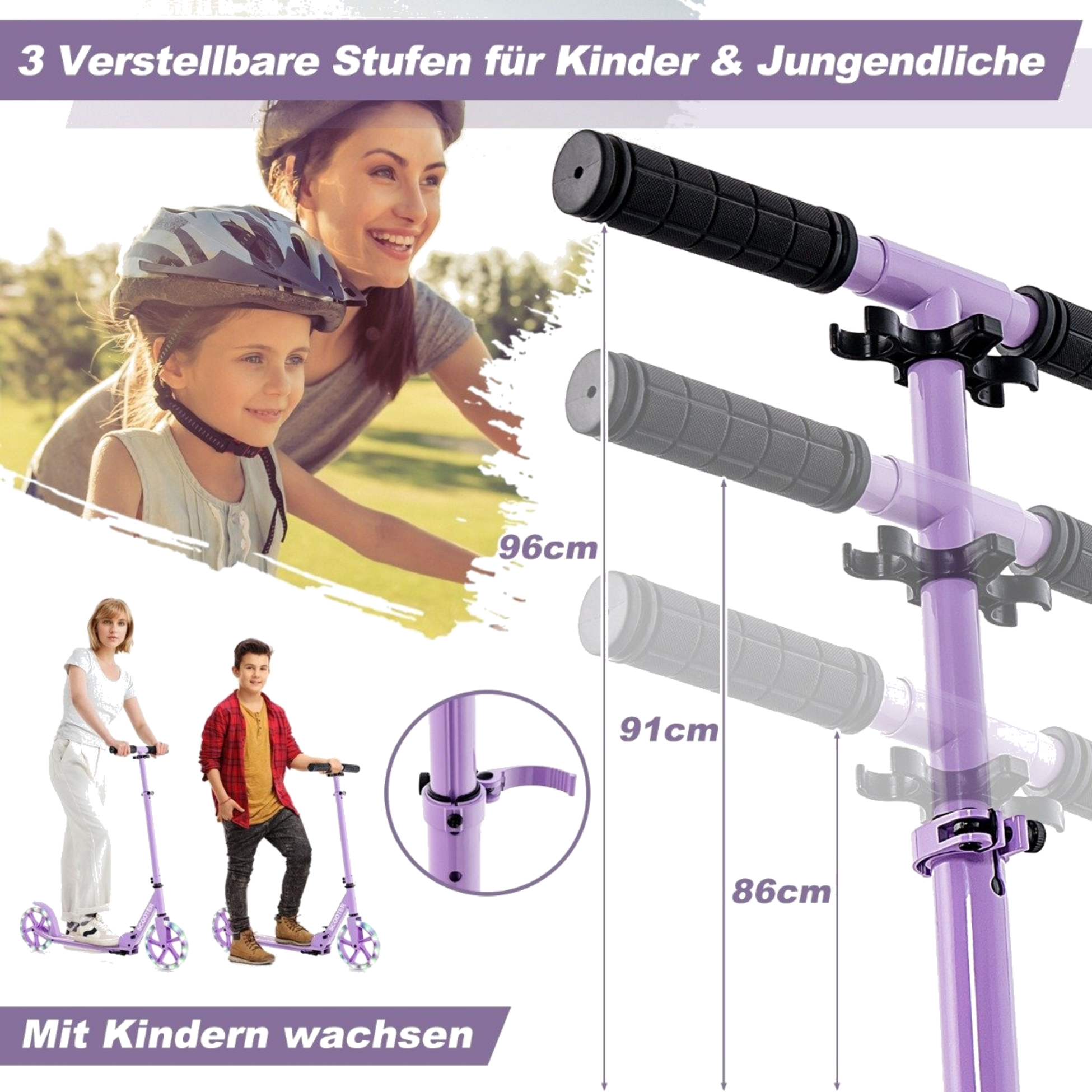 NORTHIX, Scooter Scooter Foldable Kick Scooter Height Adjustable City Scooter 100kg Load Capacity Purple