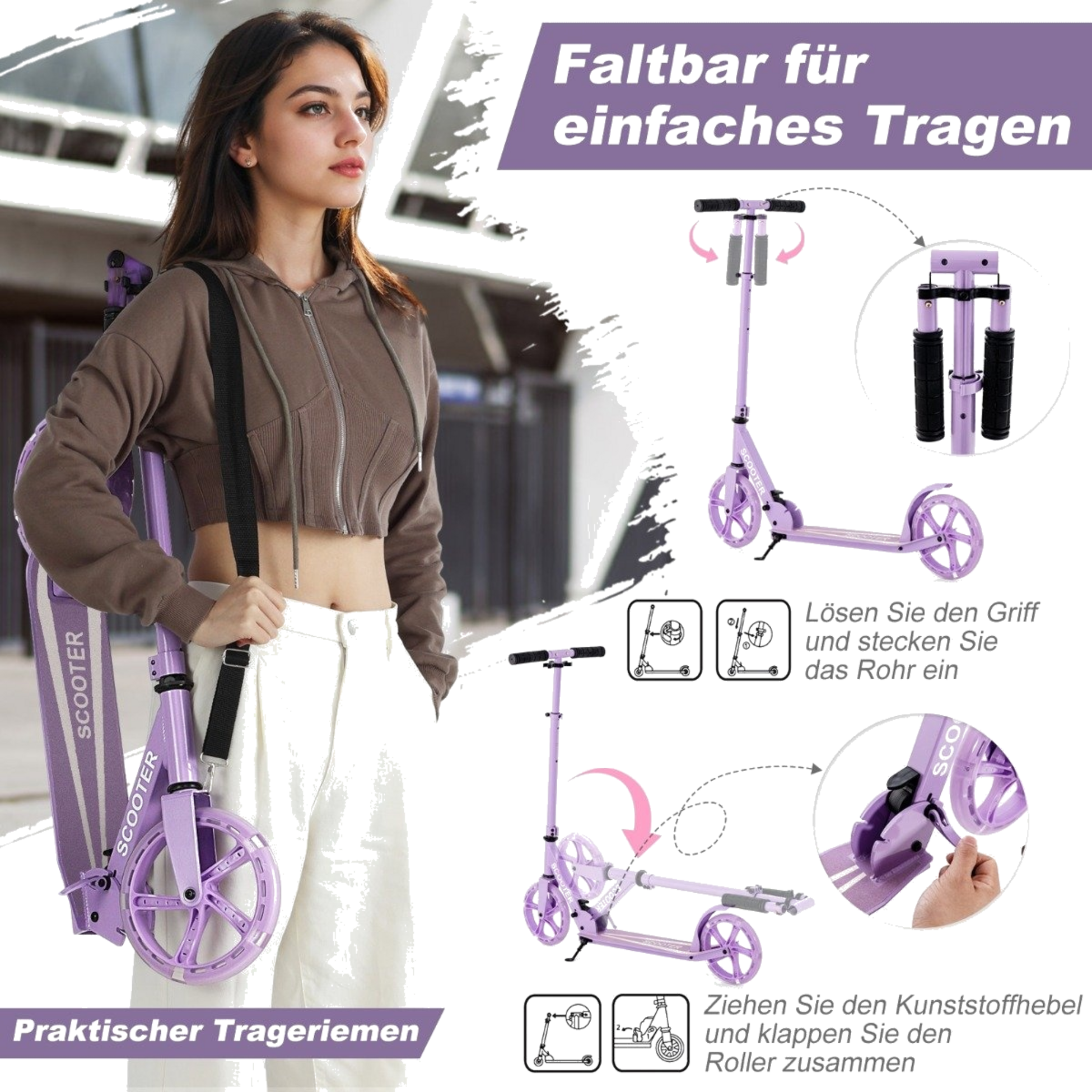 NORTHIX, Scooter Scooter Foldable Kick Scooter Height Adjustable City Scooter 100kg Load Capacity Purple